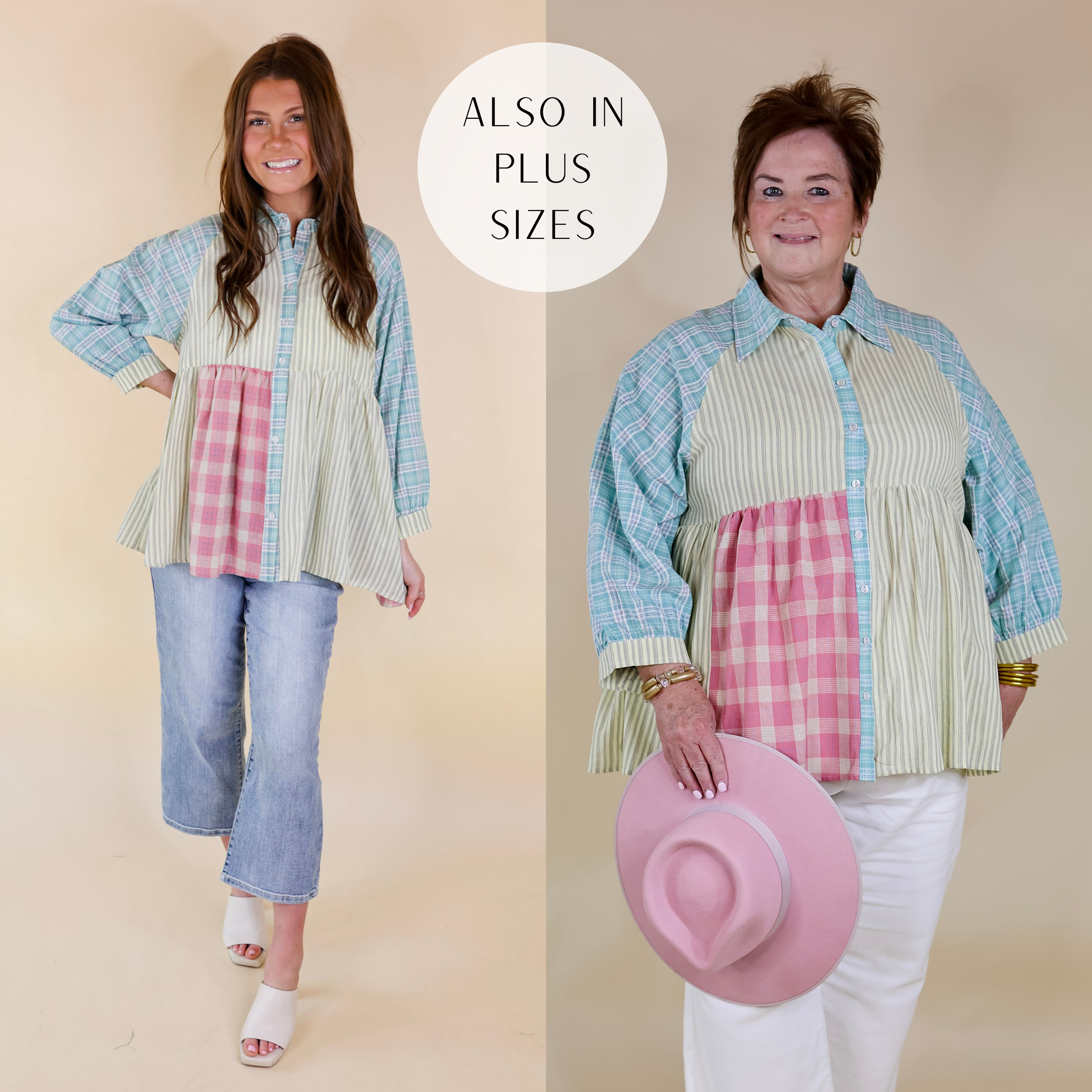 Model is wearing a button up babydoll top with long sleeves. This top is a mix of light green pin stripes, turquoise plaid, and pink plaid. Model has it paired with light wash jeans, ivory heels, and gold jewelry.