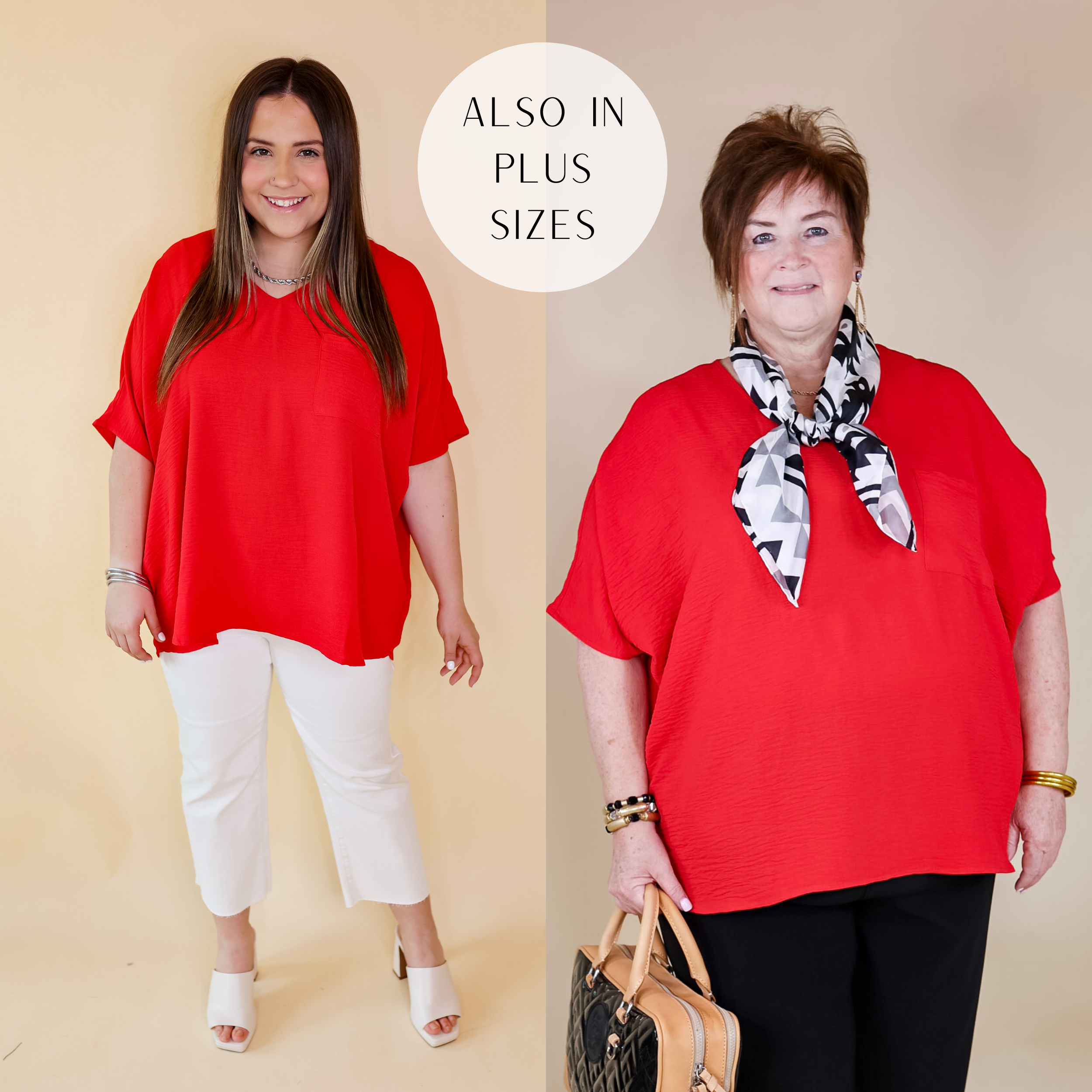 Plus Sizes | Try To Resist Short Sleeve V Neck Top with Front Pocket in Red - Giddy Up Glamour Boutique