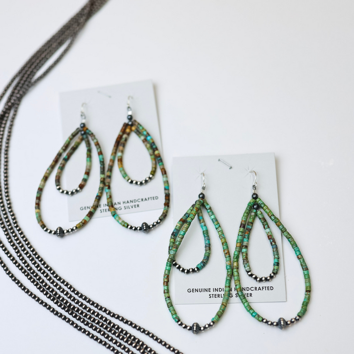Navajo | Navajo Handmade Double Layered Turquoise Beaded Teardrop Earrings with Sterling Silver Navajo Pearls - Giddy Up Glamour Boutique