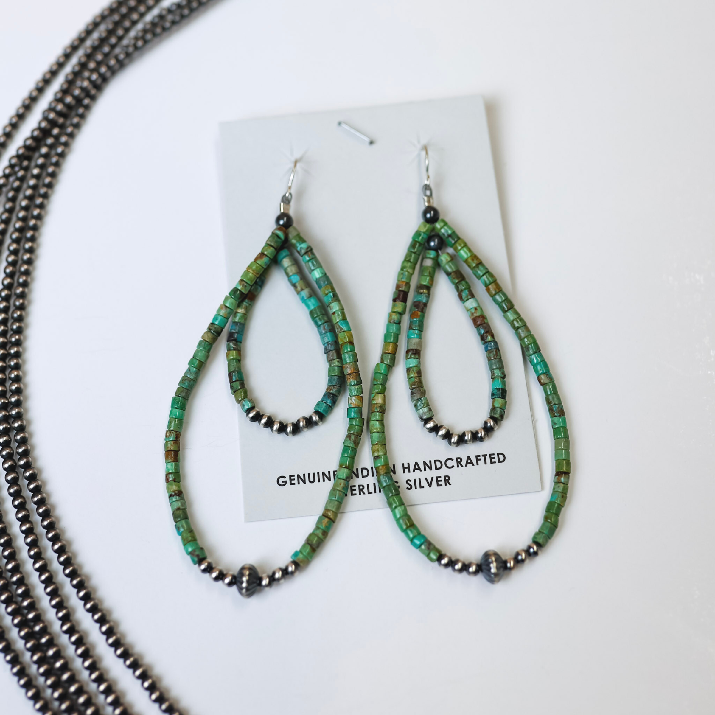 Navajo | Navajo Handmade Double Layered Turquoise Beaded Teardrop Earrings with Sterling Silver Navajo Pearls - Giddy Up Glamour Boutique