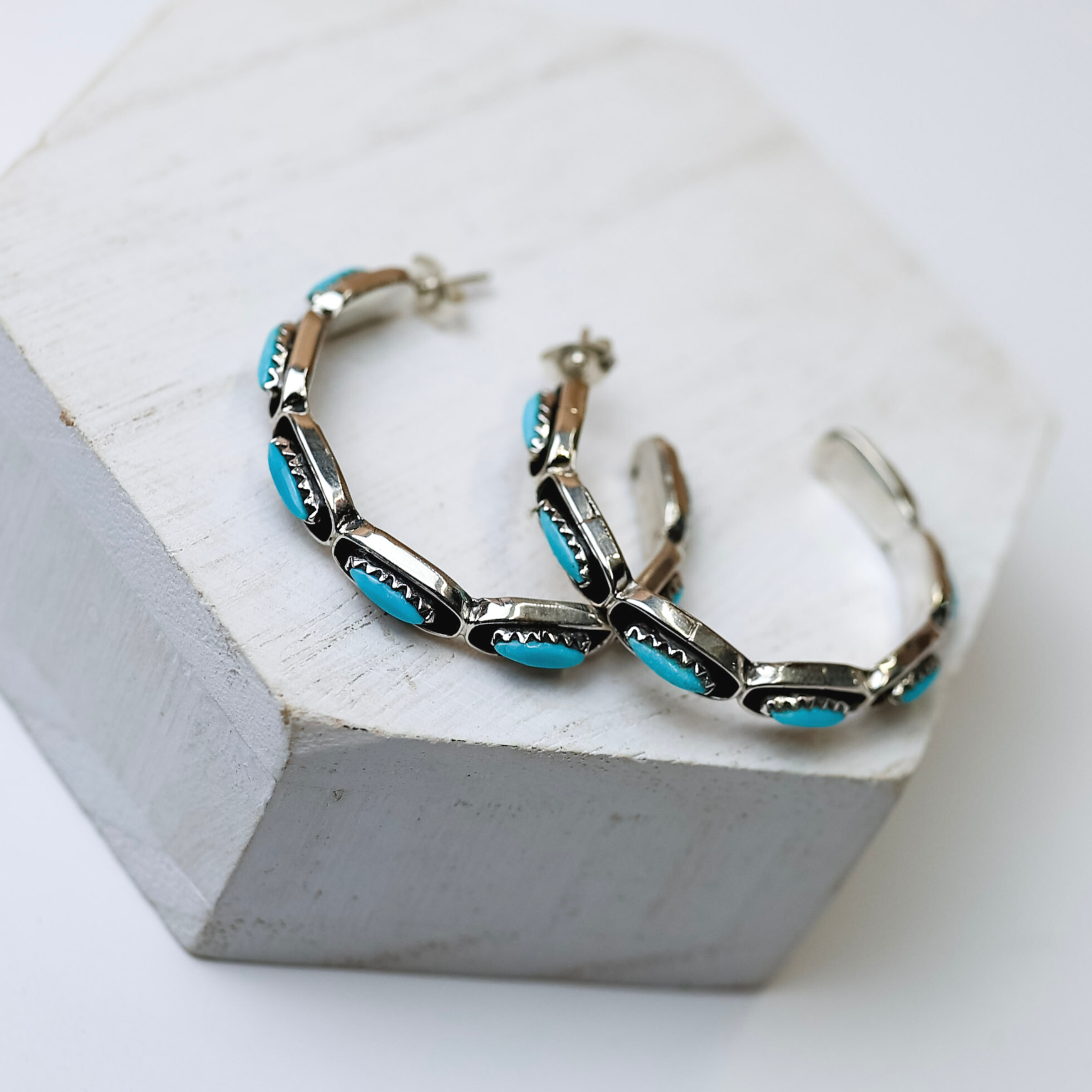 Navajo | Navajo Handmade Genuine Sterling Silver Hoops with Turquoise Stones - Giddy Up Glamour Boutique