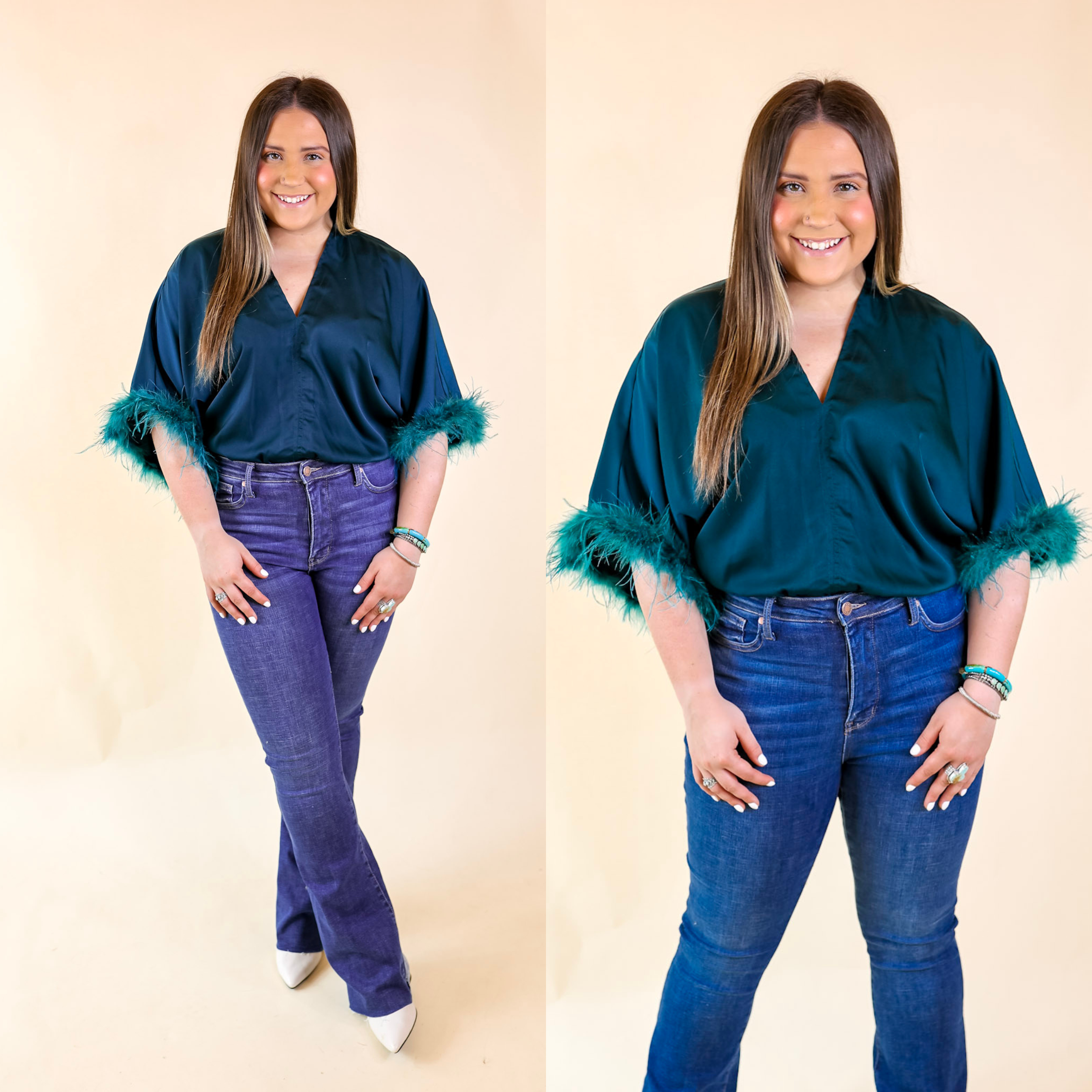 Party Plans V Neck Bodysuit with Feather Sleeves in Teal - Giddy Up Glamour Boutique