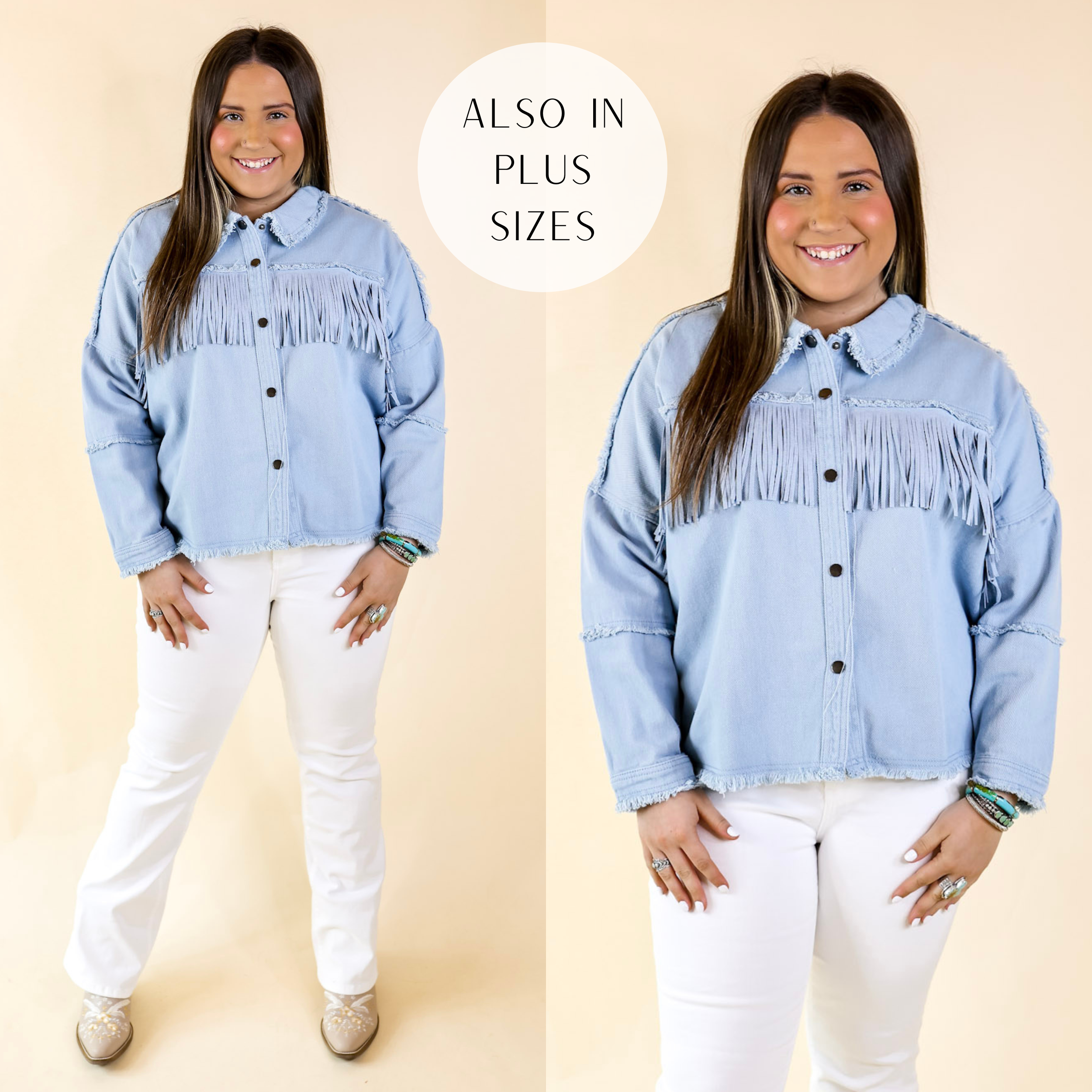 Model is wearing a button down jacket with a raw hem and fringe along the front of the shoulders in light blue. Model has this jacket paired with white jeans and brown boots. 