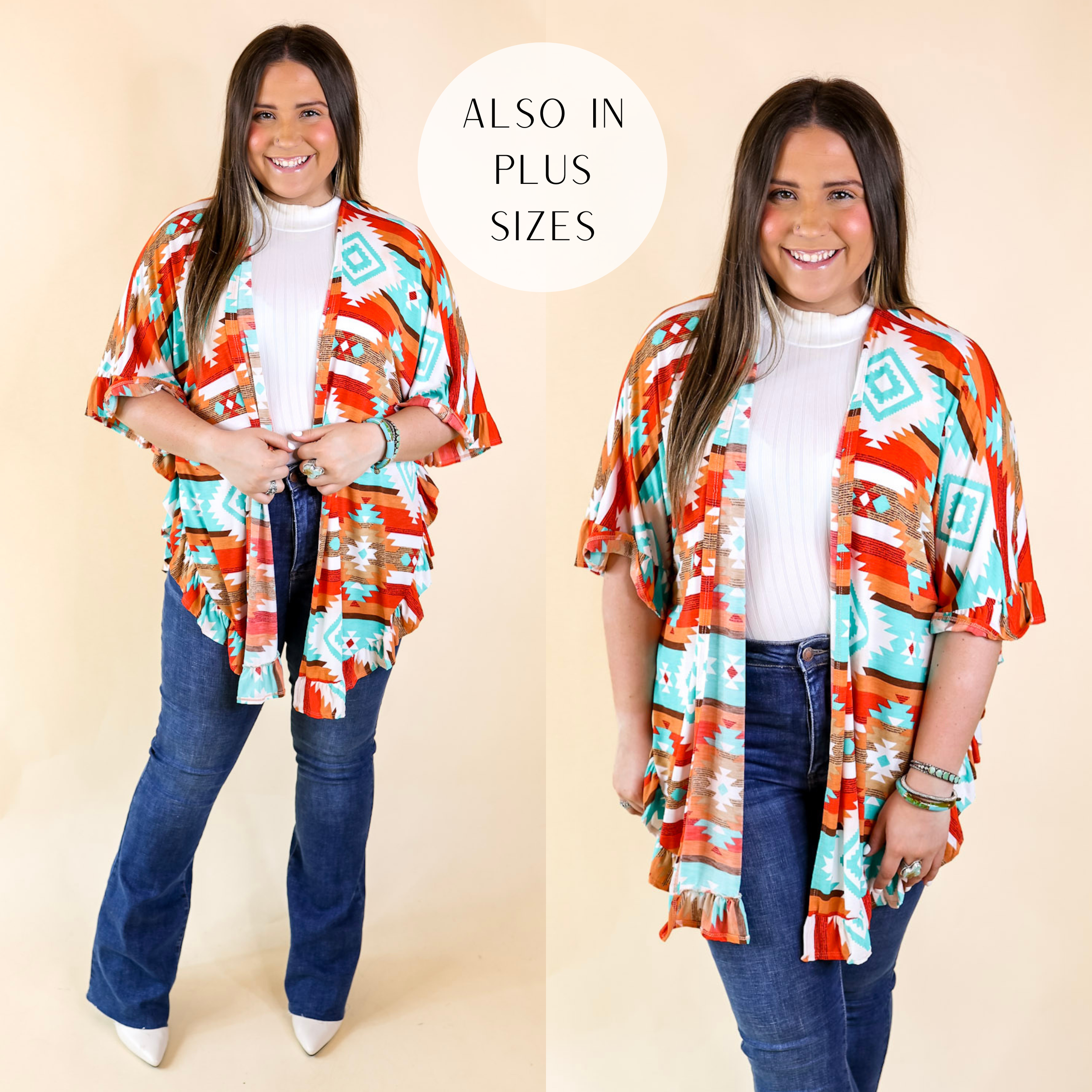 California Casa Aztec Print Kimono with Ruffle Trim in Red and Turquoise - Giddy Up Glamour Boutique