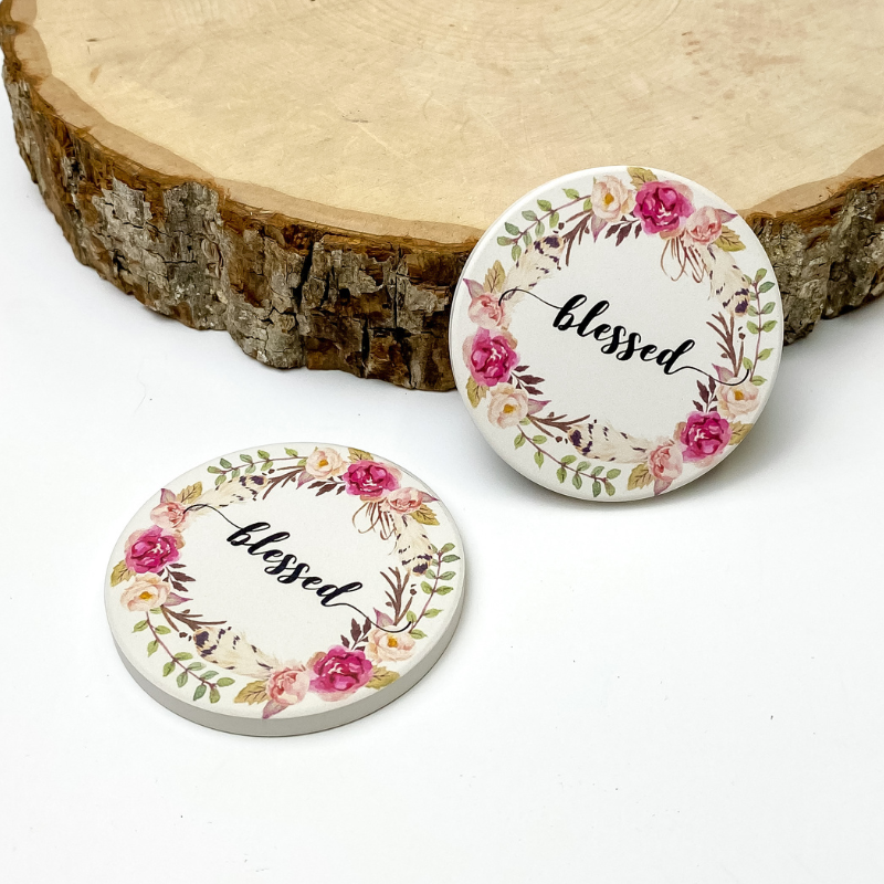 Set of Two | "Blessed" Floral Car Coasters - Giddy Up Glamour Boutique