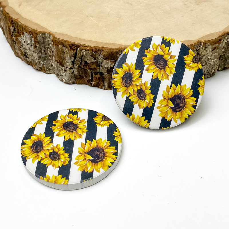 Set of Two | Sunflower and Stripe Car Coasters - Giddy Up Glamour Boutique