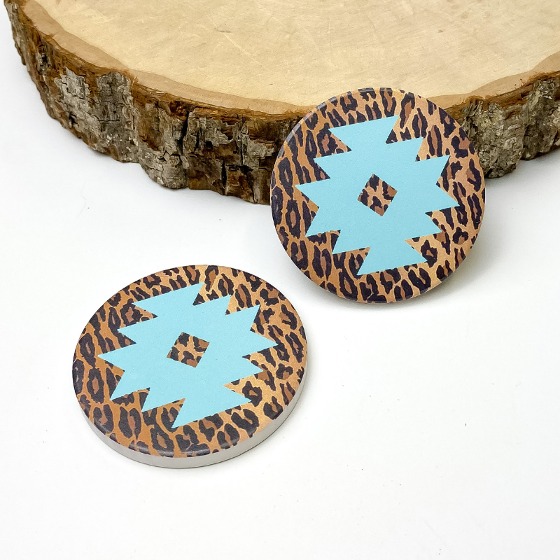 Set of Two | Leopard and Turquoise Navajo Design Car Coasters - Giddy Up Glamour Boutique