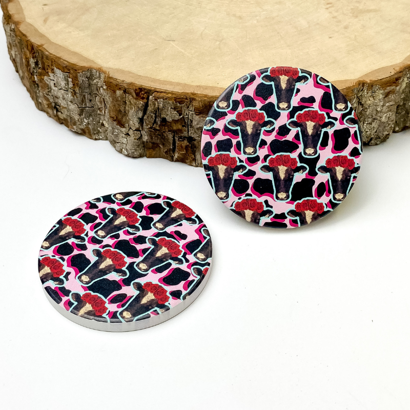 Set of Two | Cow Car Coasters in Pink - Giddy Up Glamour Boutique
