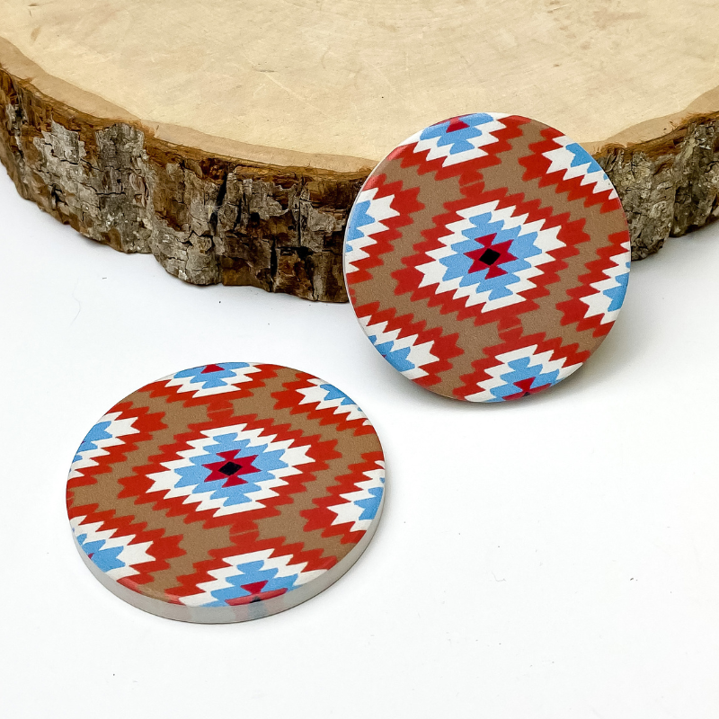 Set of Two | Tribal Print Car Coasters in Tan & Red - Giddy Up Glamour Boutique