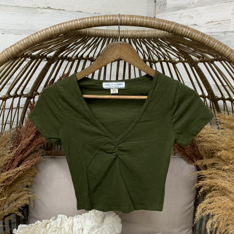 No More Drama Cinch V Neck Crop Top in Olive Green - Giddy Up Glamour Boutique