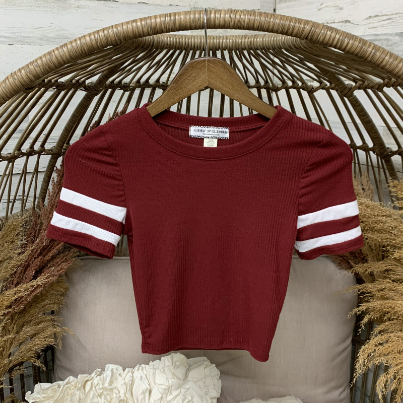 Last Chance Size Small | Varsity Girl Ribbed Jersey Crop Top in Maroon - Giddy Up Glamour Boutique