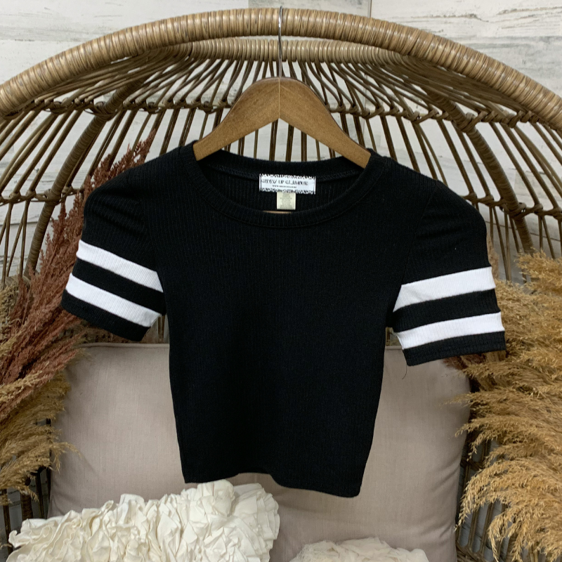 Last Chance Size Small & Med. | Varsity Girl Ribbed Jersey Crop Top in Black - Giddy Up Glamour Boutique