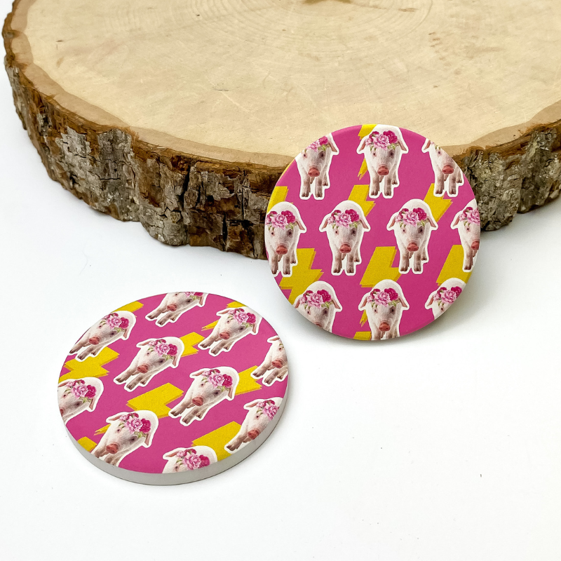 Set of Two | This Little Piggy Car Coasters in Pink - Giddy Up Glamour Boutique