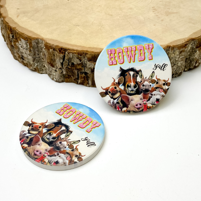Set of Two | Howdy Y'all Farm Animal Car Coasters - Giddy Up Glamour Boutique