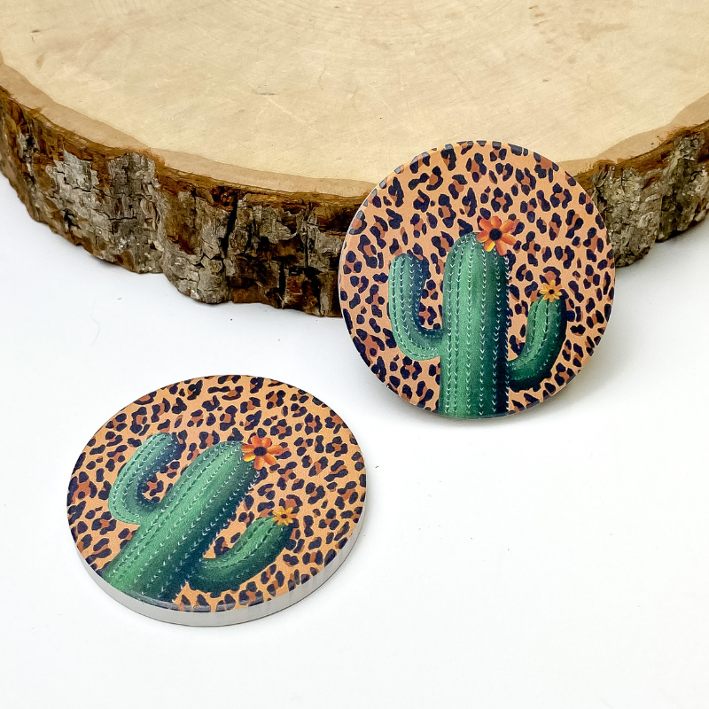 Set of Two | Leopard Print and Cactus Car Coasters - Giddy Up Glamour Boutique