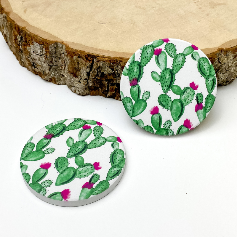 Set of Two | Cactus Car Coasters in White - Giddy Up Glamour Boutique