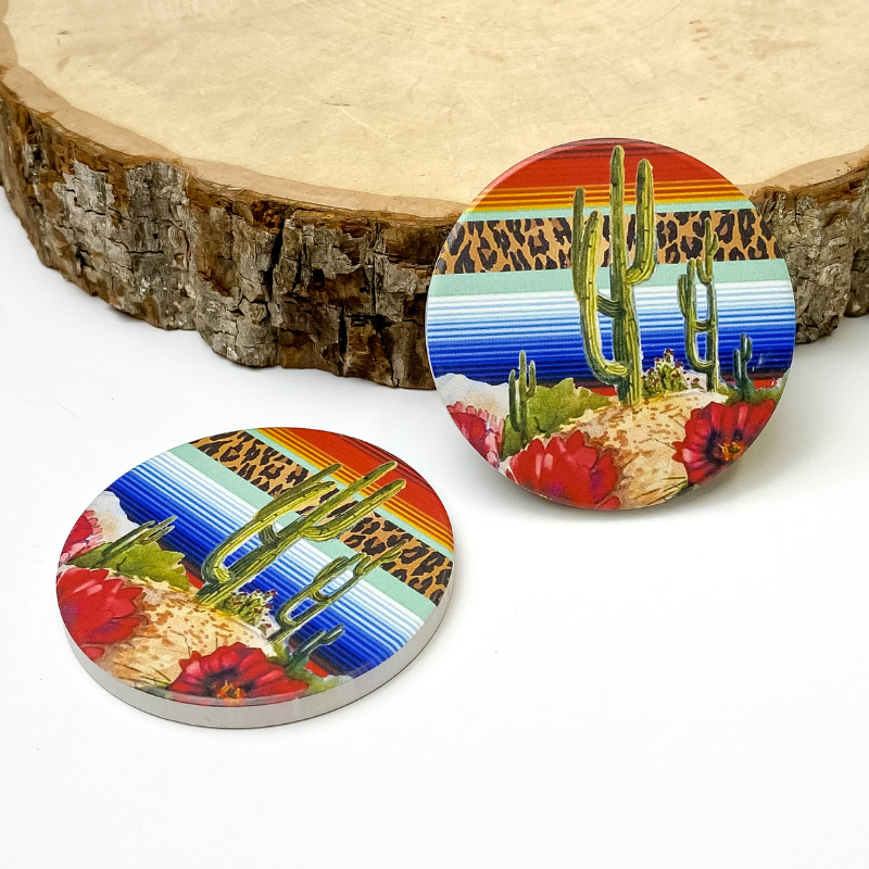 Set of Two | Leopard Print & Serape Southwest Cactus Landscape Car Coasters - Giddy Up Glamour Boutique