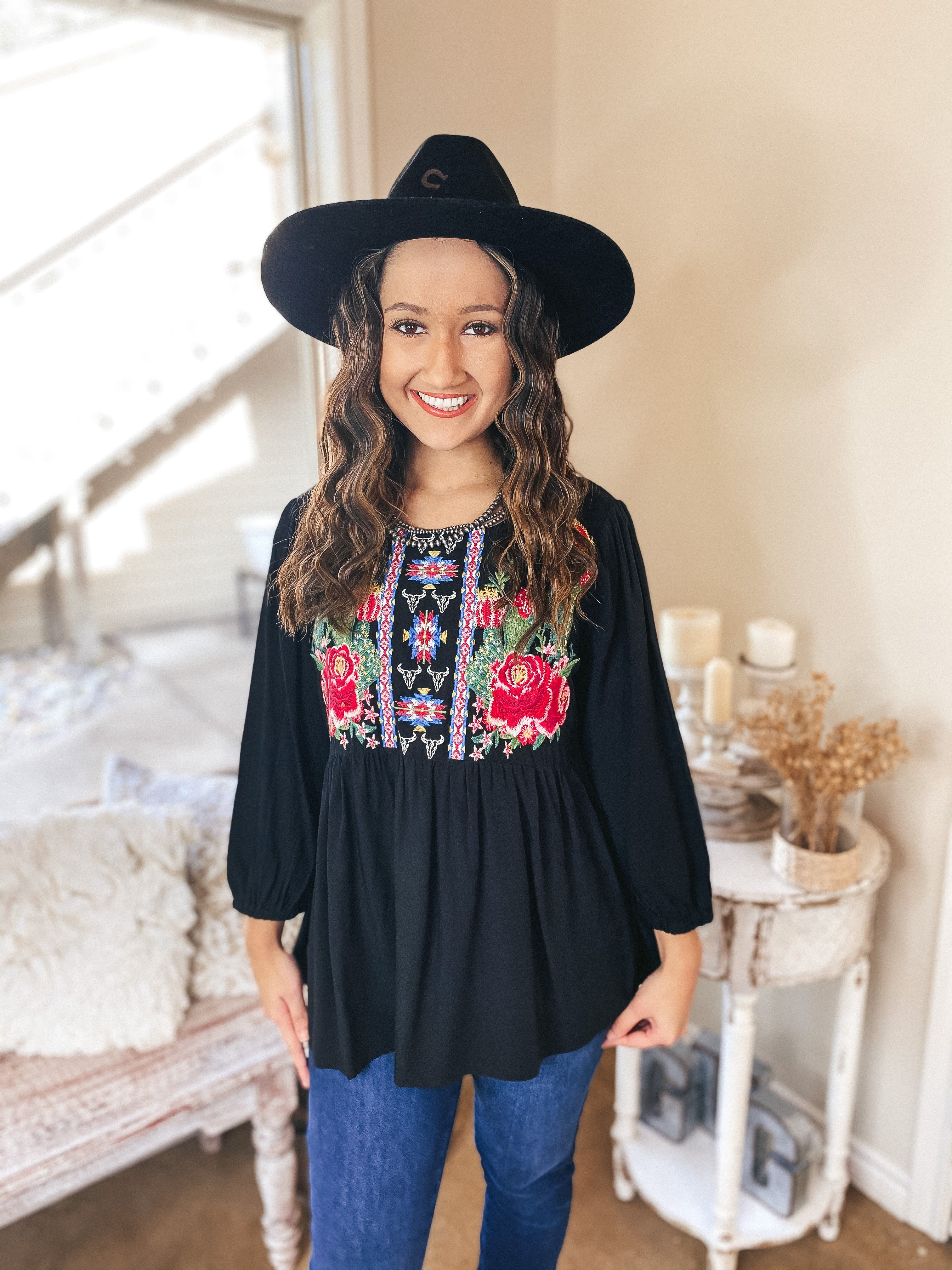Further South Floral Cactus Embroidered Long Sleeve Babydoll Top in Black - Giddy Up Glamour Boutique