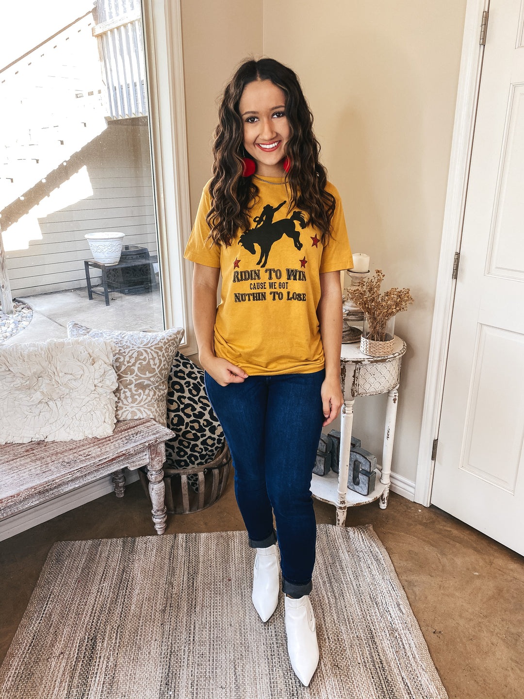 Ridin' To Win Bucking Horse Graphic Tee with Red Stars in Mustard Yellow - Giddy Up Glamour Boutique