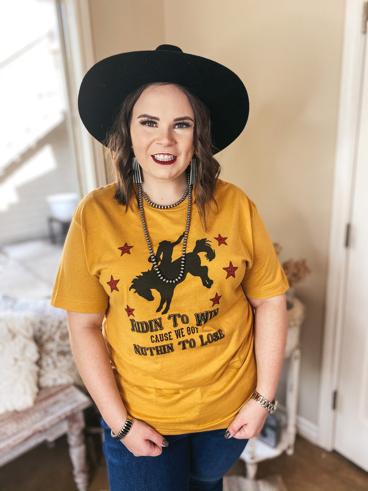 Ridin' To Win Bucking Horse Graphic Tee with Red Stars in Mustard Yellow - Giddy Up Glamour Boutique