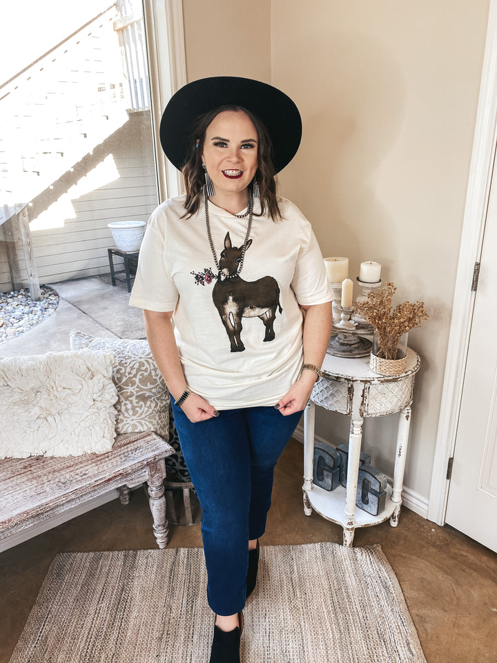 Bouquet Burro Graphic Tee with Pink Crystal Accents in Ivory - Giddy Up Glamour Boutique
