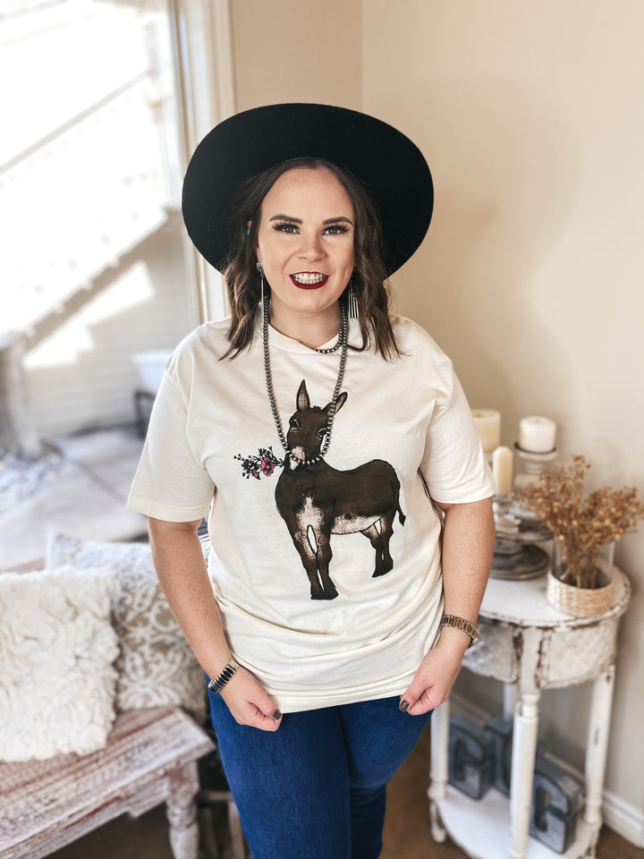 Bouquet Burro Graphic Tee with Pink Crystal Accents in Ivory - Giddy Up Glamour Boutique