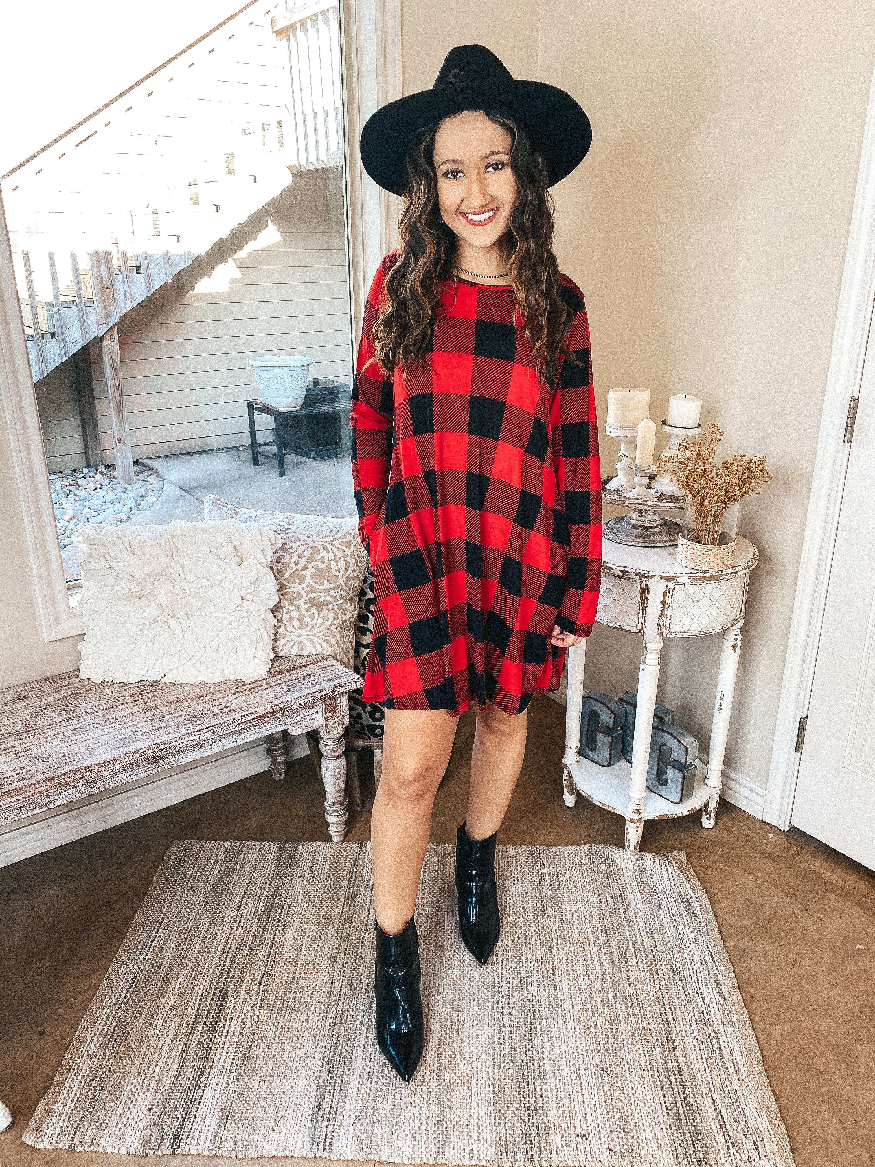 High Spirits Long Sleeve Buffalo Plaid Dress with Pockets in Red - Giddy Up Glamour Boutique