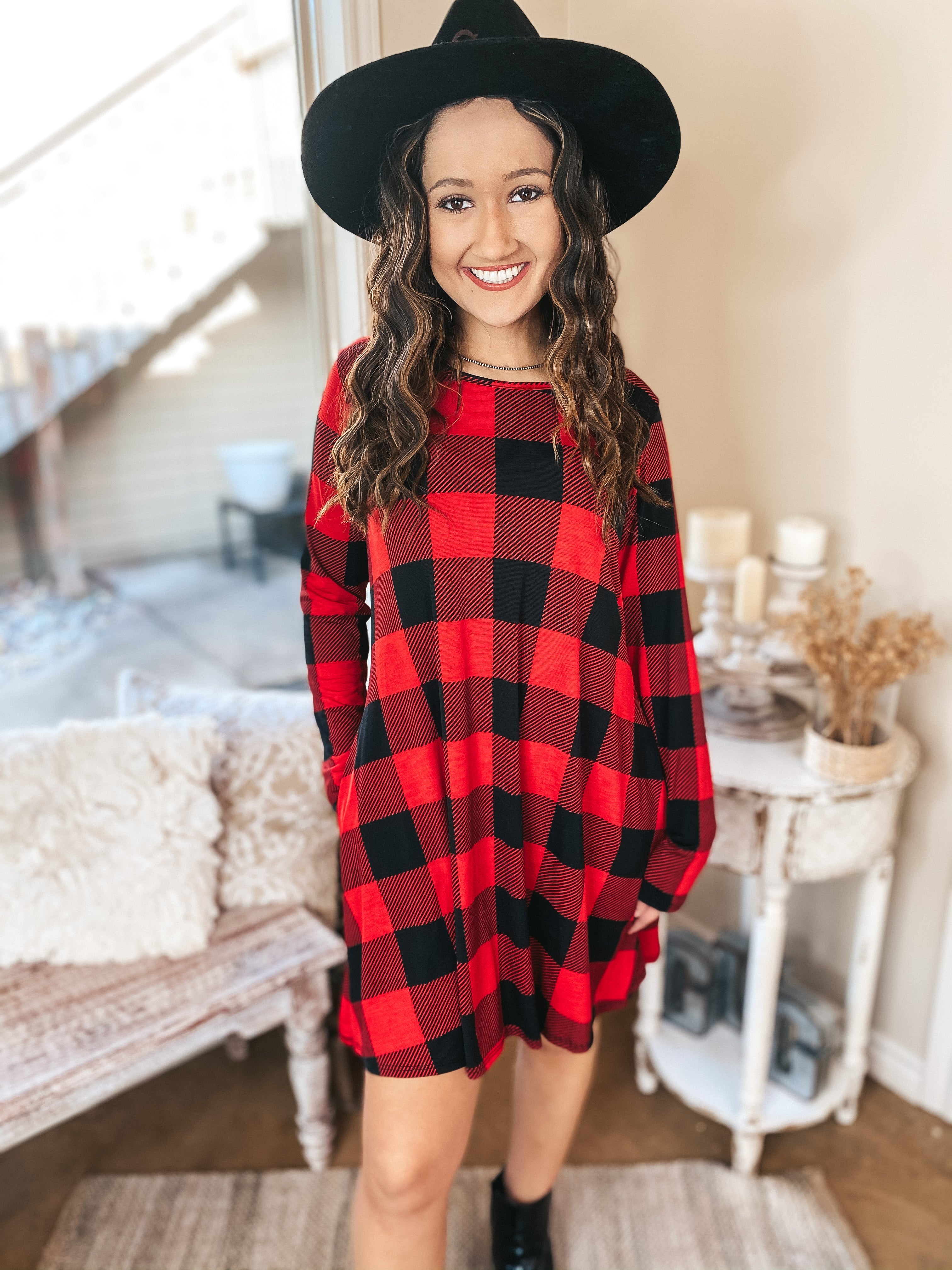 High Spirits Long Sleeve Buffalo Plaid Dress with Pockets in Red - Giddy Up Glamour Boutique