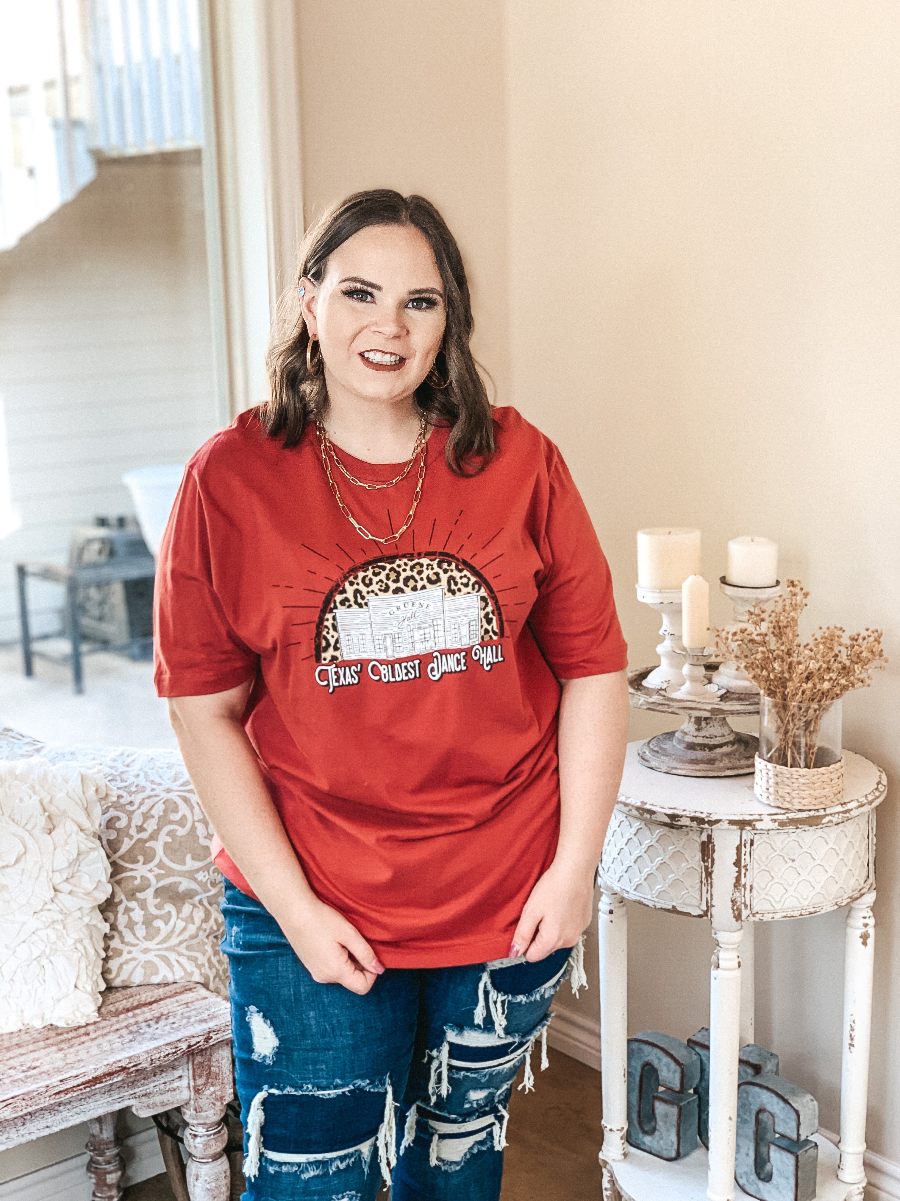 Texas' Oldest Dance Hall Short Sleeve Graphic Tee in Rust Red - Giddy Up Glamour Boutique