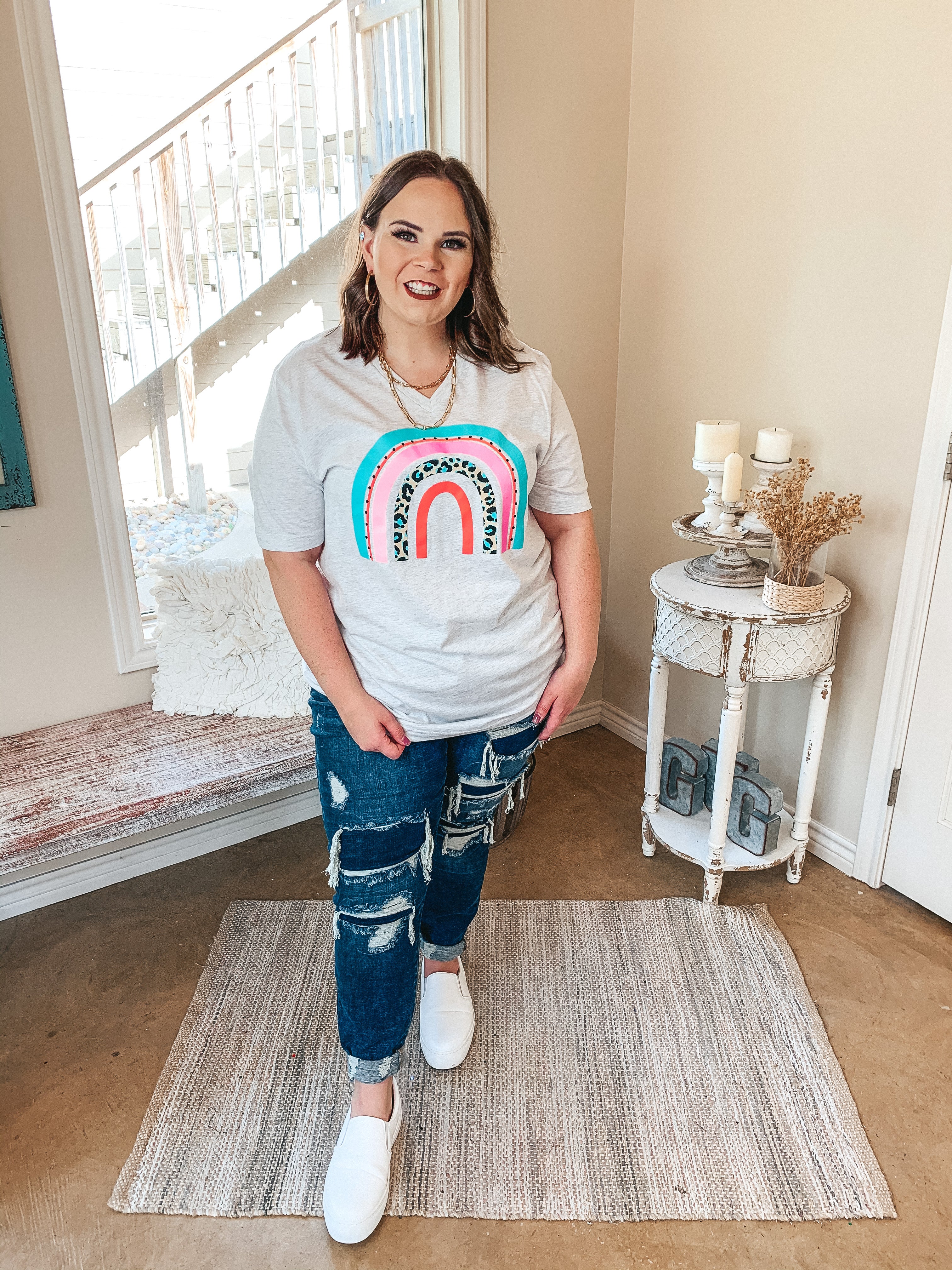 Over The Rainbow Multi Color and Leopard Rainbow Graphic Tee in Heather Grey - Giddy Up Glamour Boutique