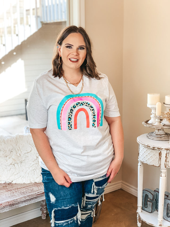 Over The Rainbow Multi Color and Leopard Rainbow Graphic Tee in Heather Grey - Giddy Up Glamour Boutique