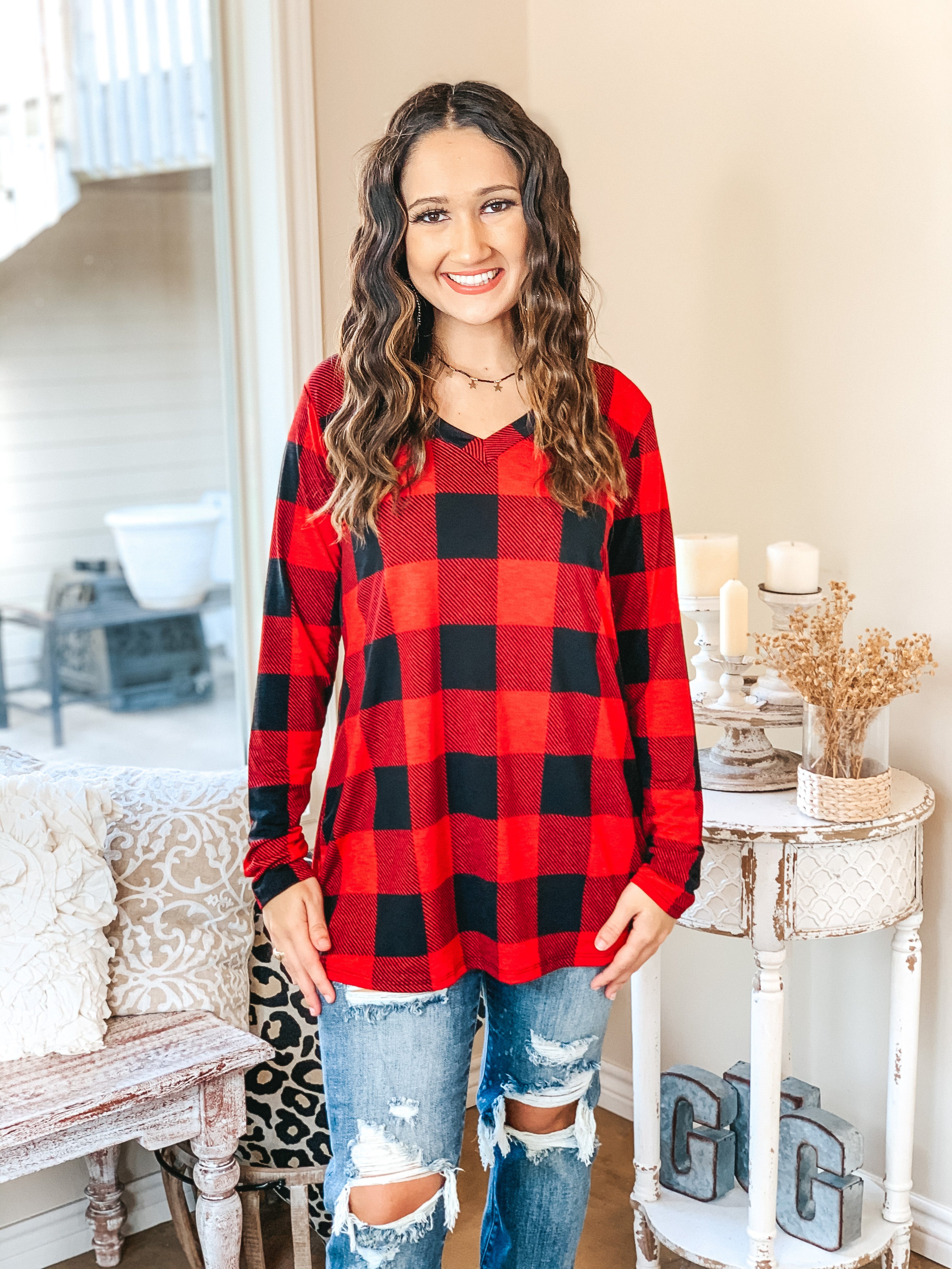 Keep Things Simple Long Sleeve Buffalo Plaid V Neck Pullover Top in Red - Giddy Up Glamour Boutique