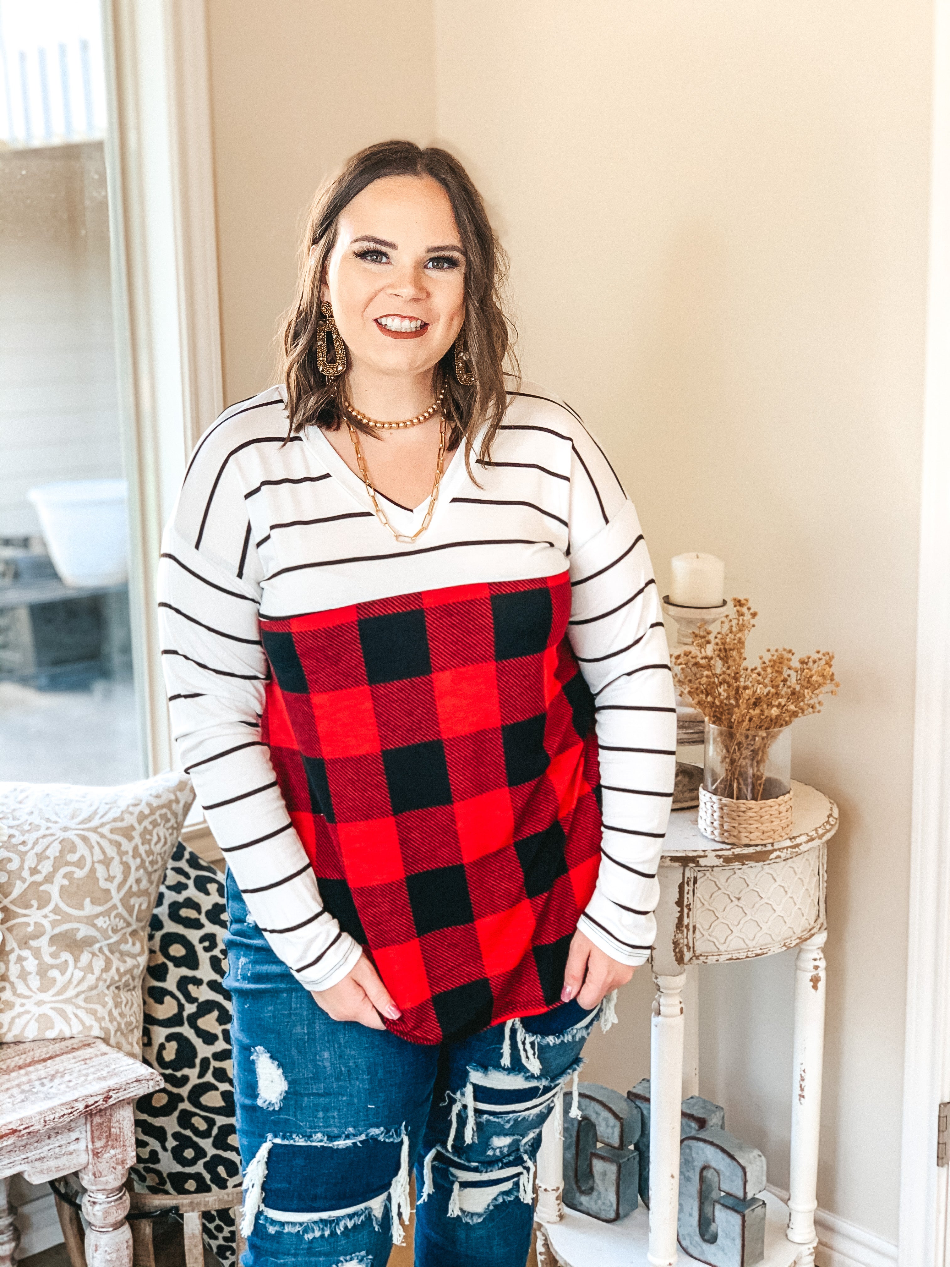 Sights of the Season Long Sleeve V Neck Top with Striped Upper and Buffalo Plaid Body - Giddy Up Glamour Boutique