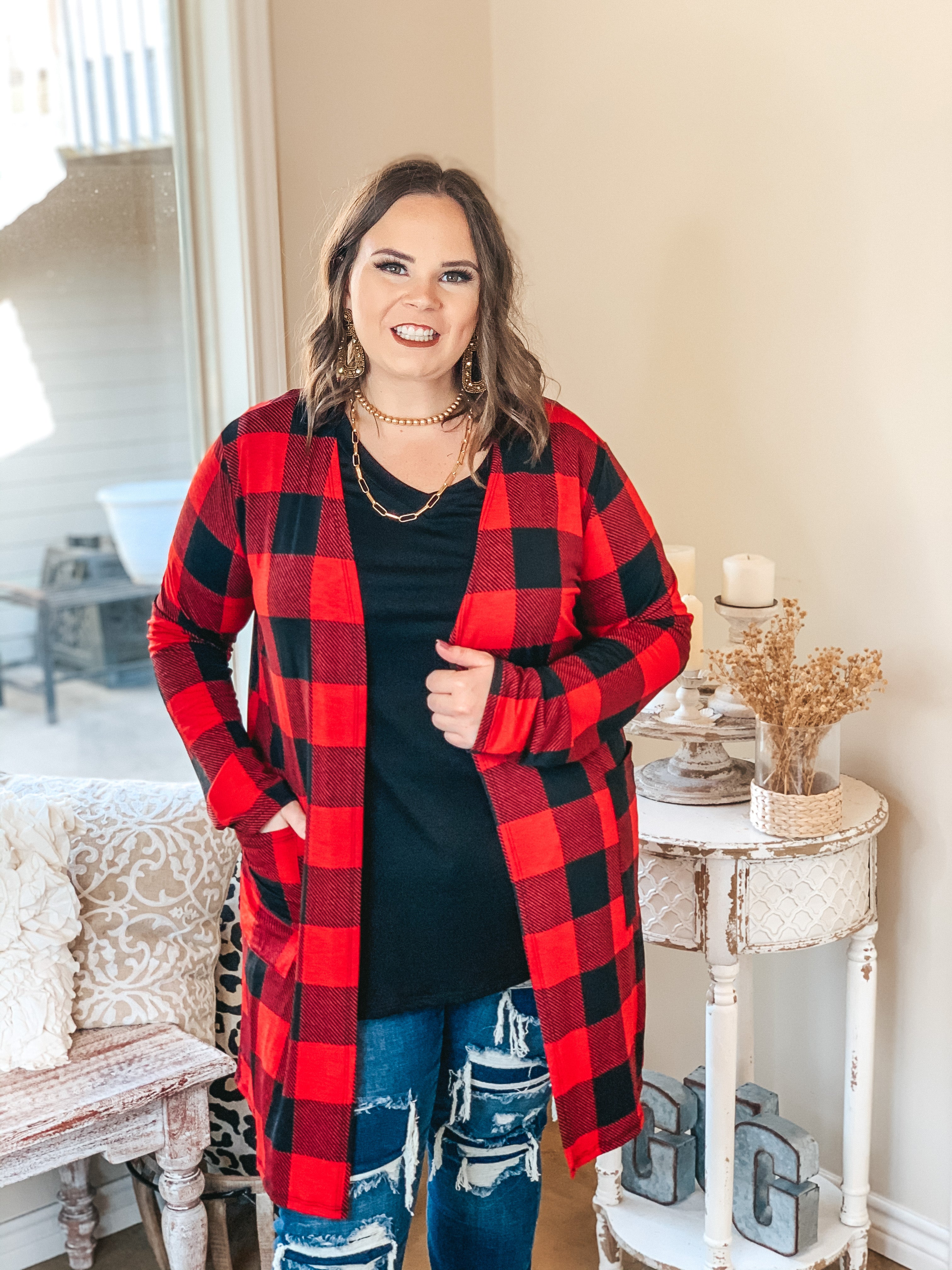 Call You Mine Buffalo Plaid Long Sleeve Cardigan with Pockets in Red - Giddy Up Glamour Boutique