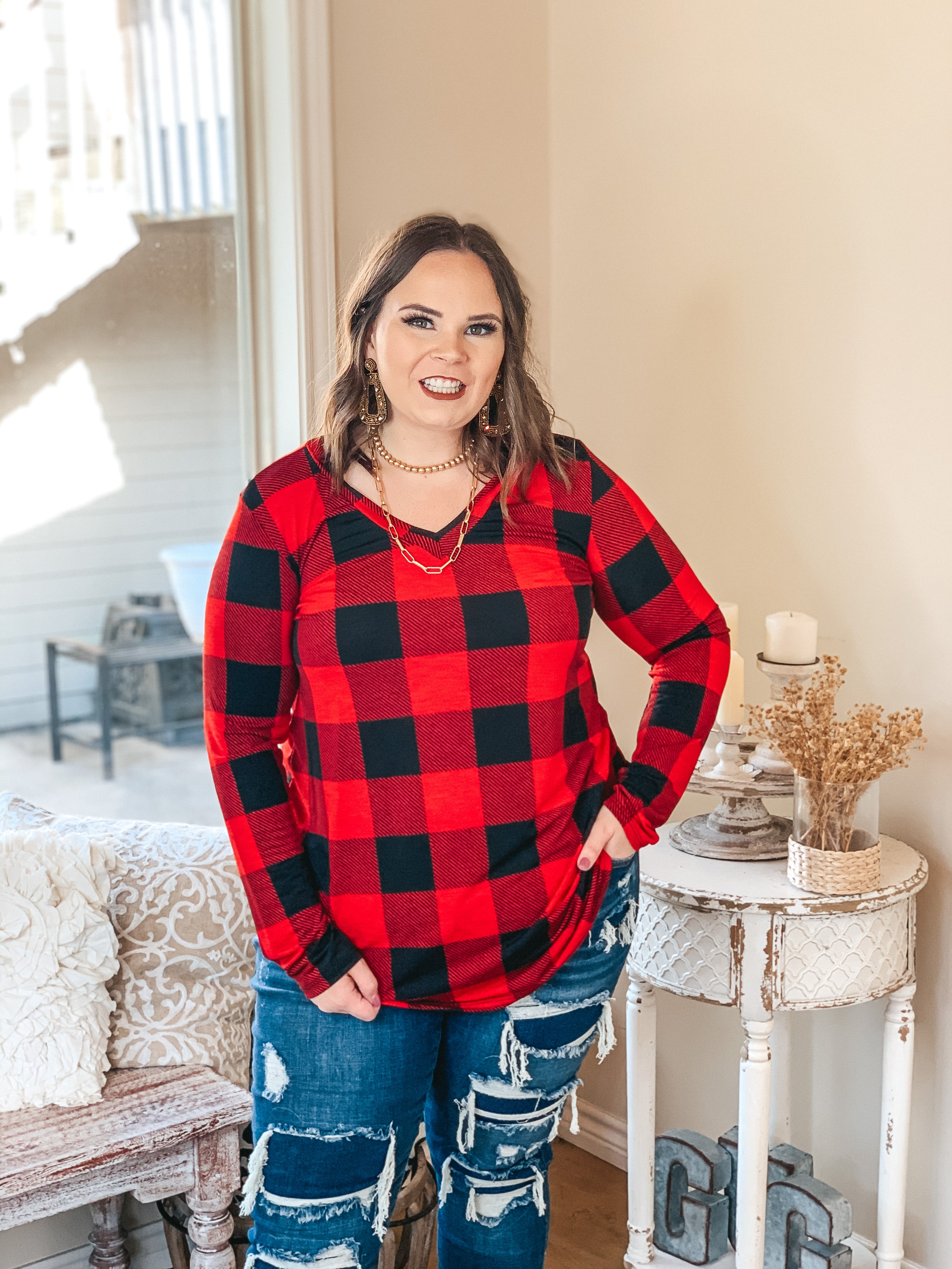 Keep Things Simple Long Sleeve Buffalo Plaid V Neck Pullover Top in Red - Giddy Up Glamour Boutique