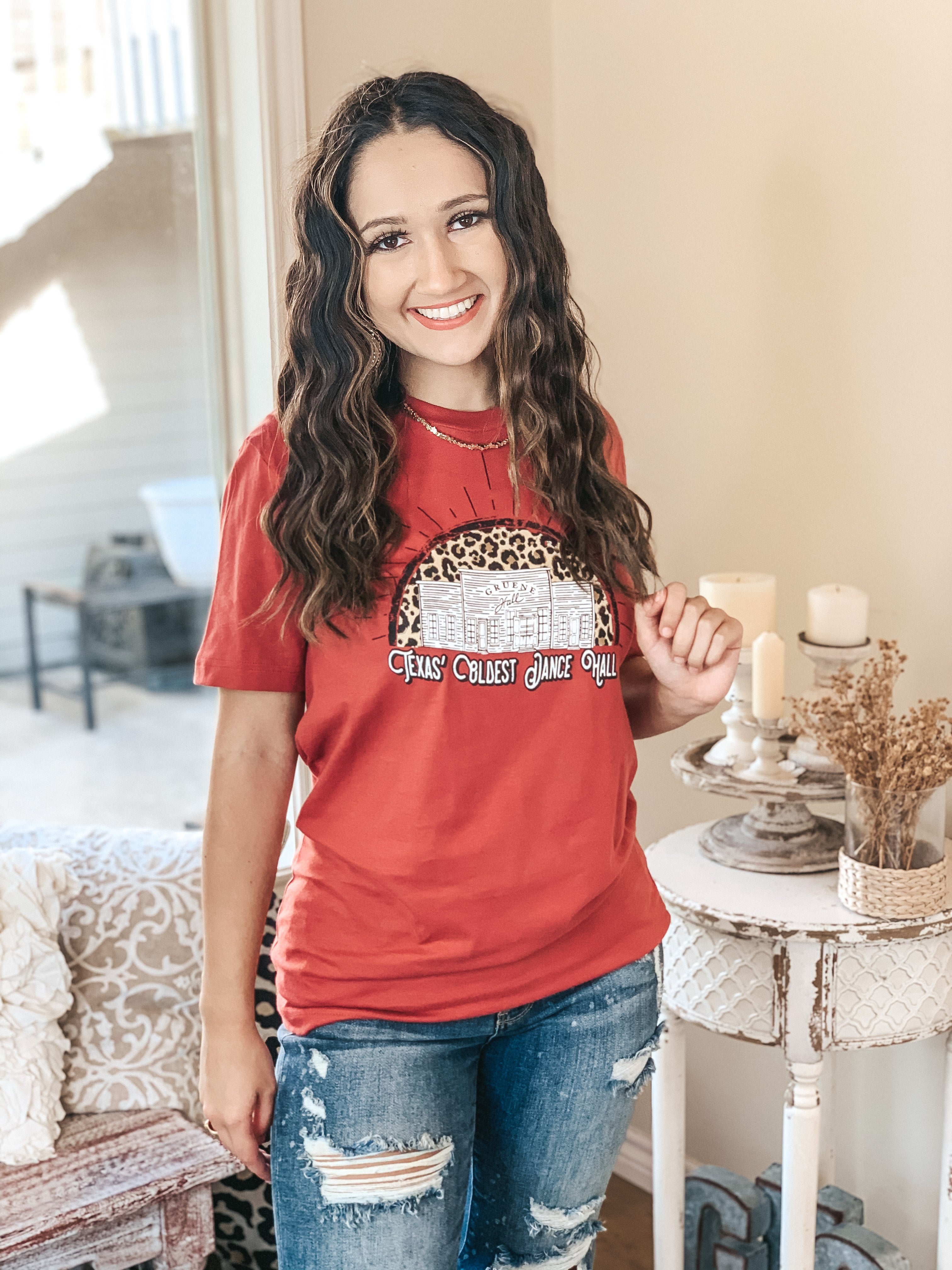 Texas' Oldest Dance Hall Short Sleeve Graphic Tee in Rust Red - Giddy Up Glamour Boutique