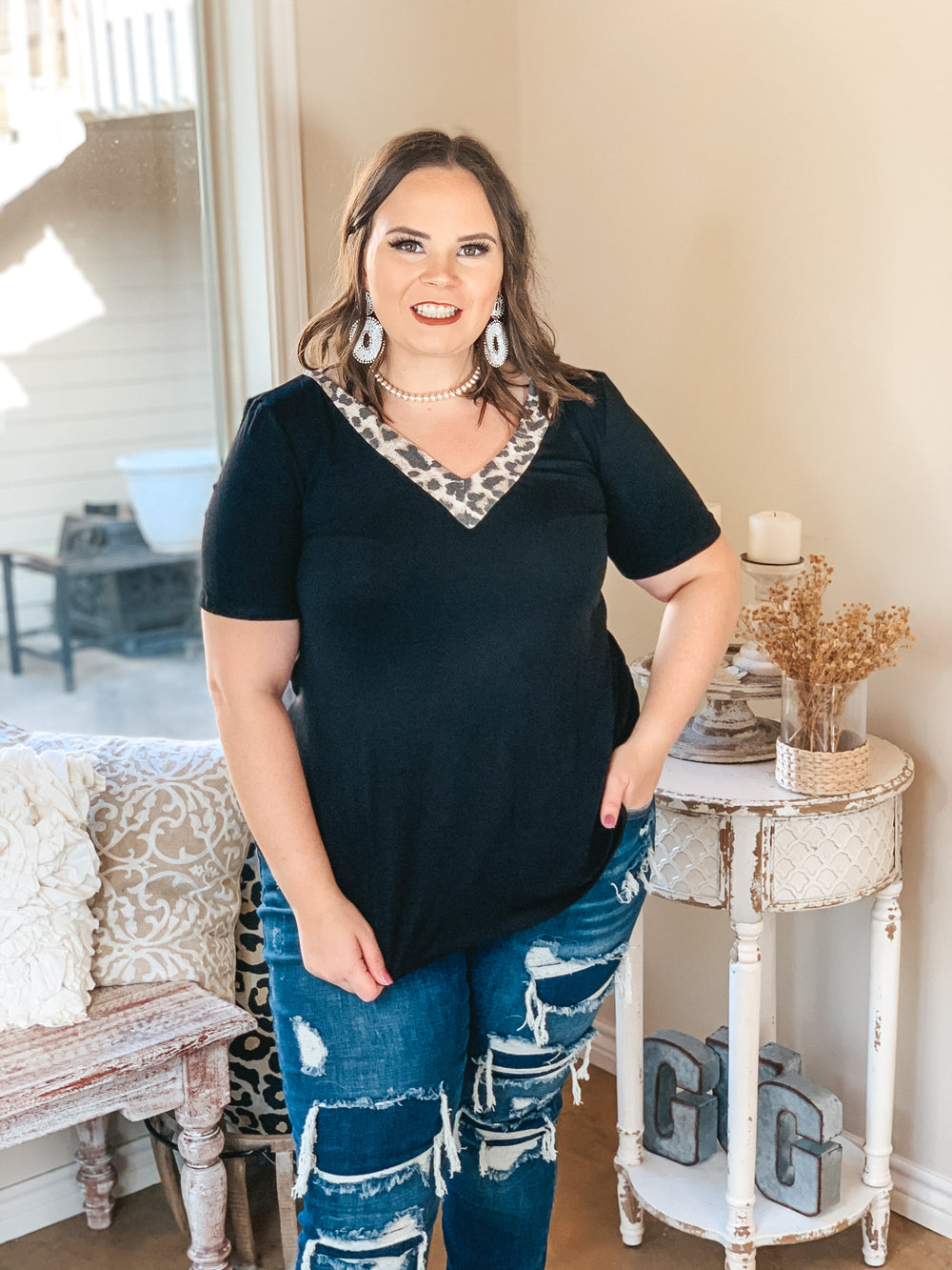 Make It Happen Leopard V Neck Detail Top in Black - Giddy Up Glamour Boutique