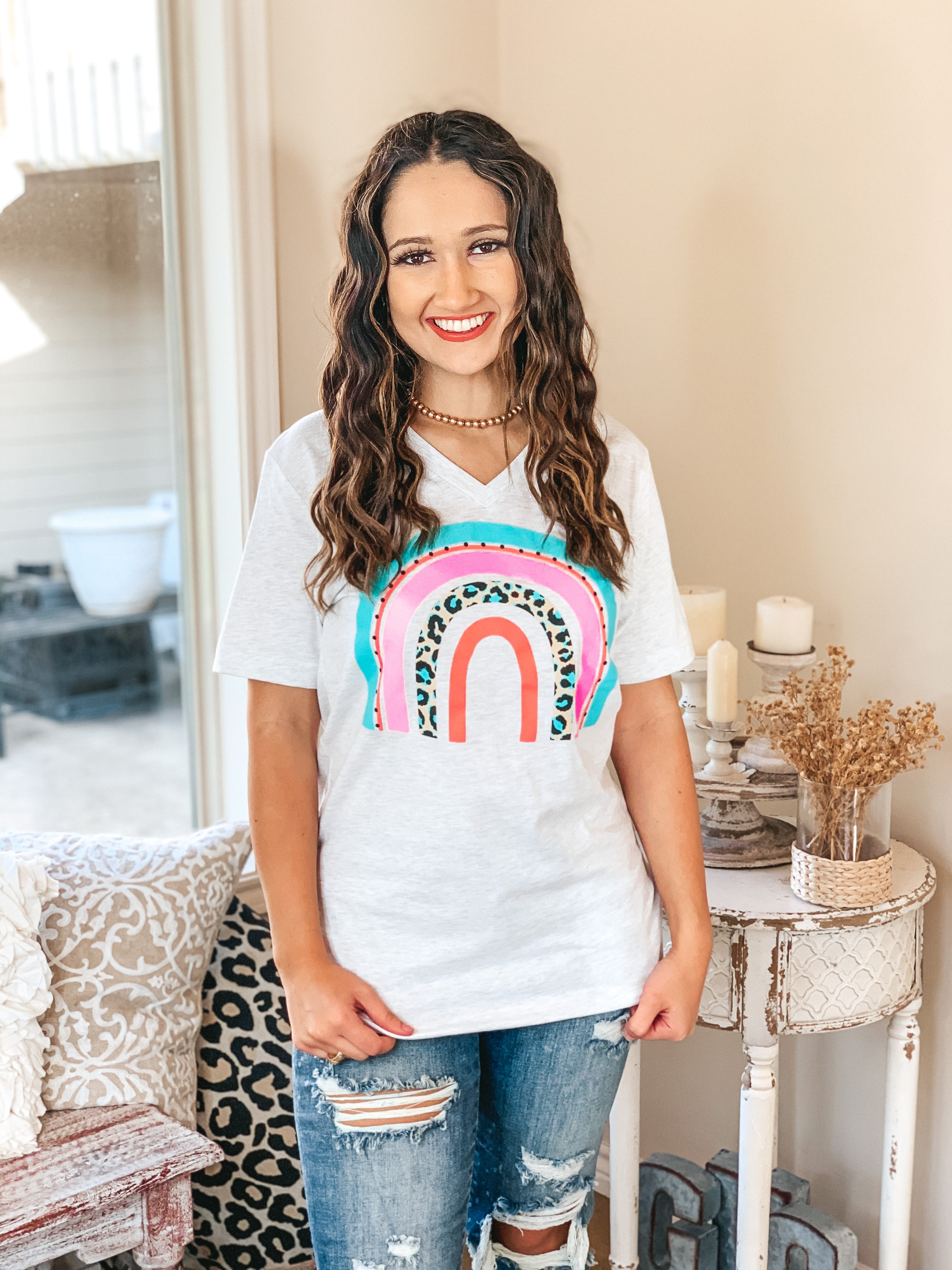 Over The Rainbow Multi Color and Leopard Rainbow Graphic Tee in Heather Grey - Giddy Up Glamour Boutique