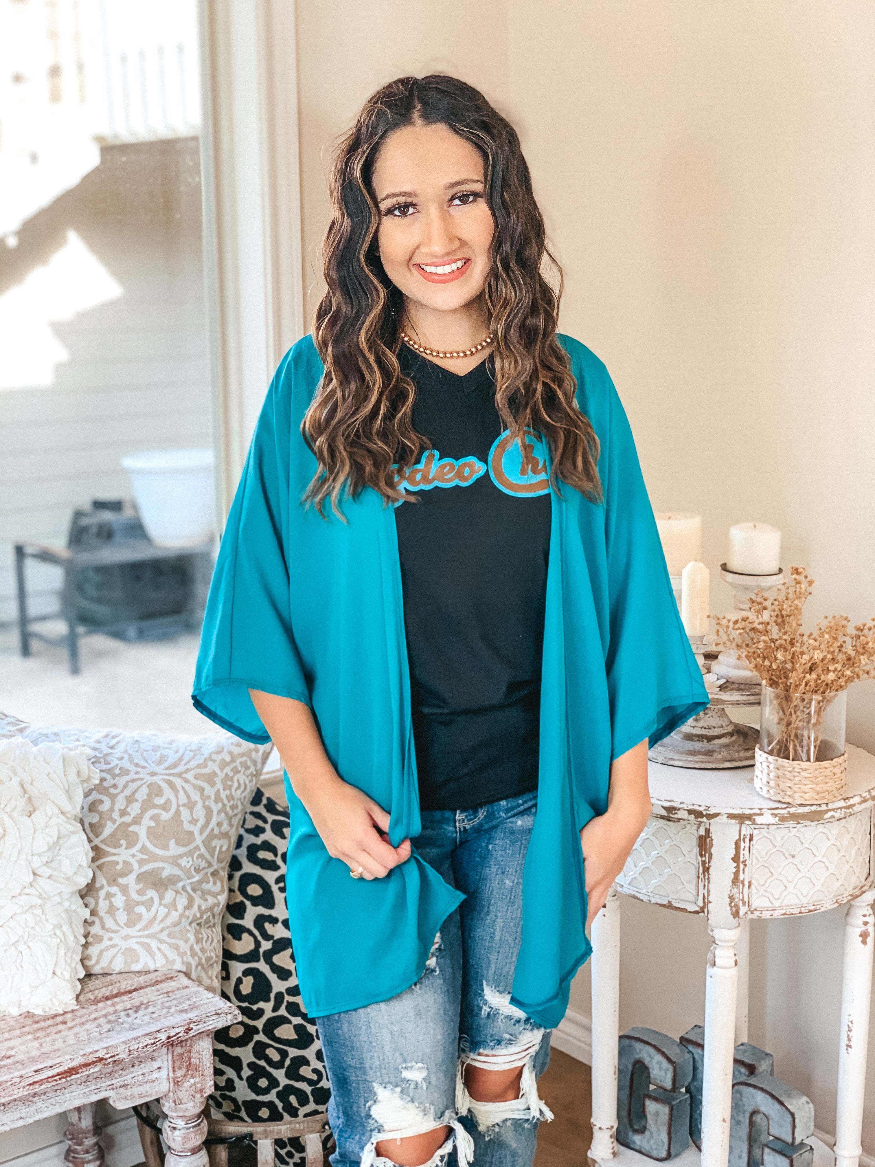 Like a Melody Solid Sheer Kimono in Teal - Giddy Up Glamour Boutique