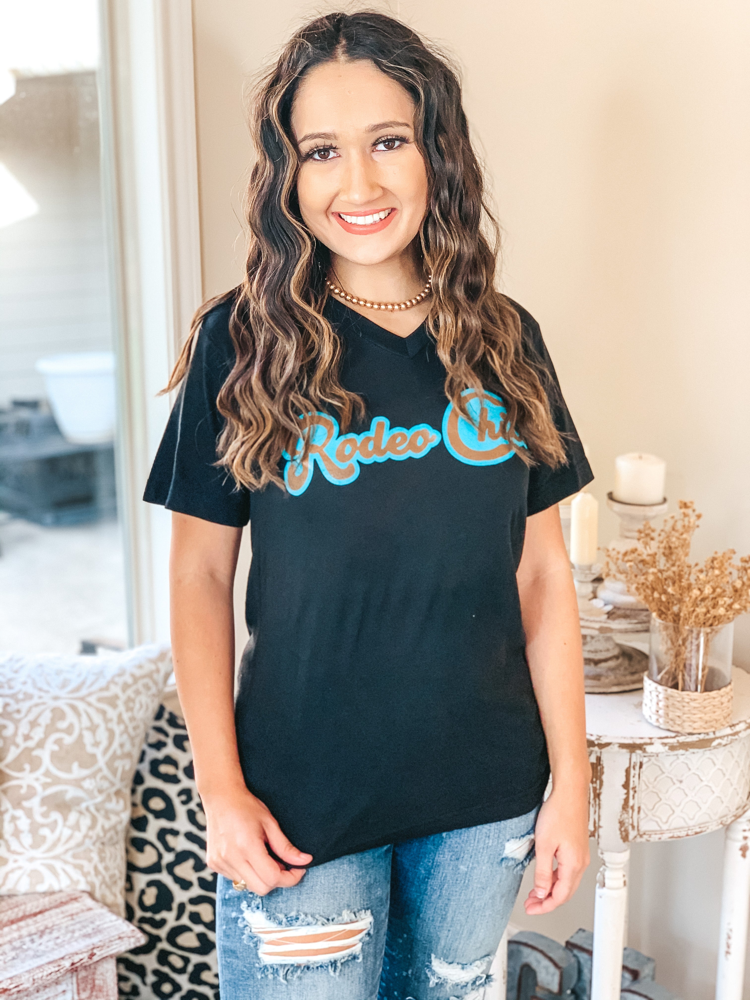 Rodeo Chica Vintage V Neck Graphic Tee in Black - Giddy Up Glamour Boutique