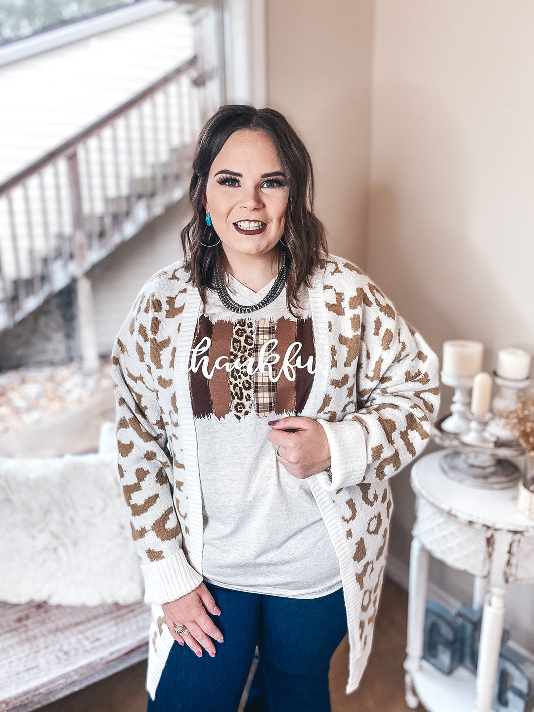 Missing You Taupe Leopard Long Sleeve Open Front Cardigan in Ivory - Giddy Up Glamour Boutique