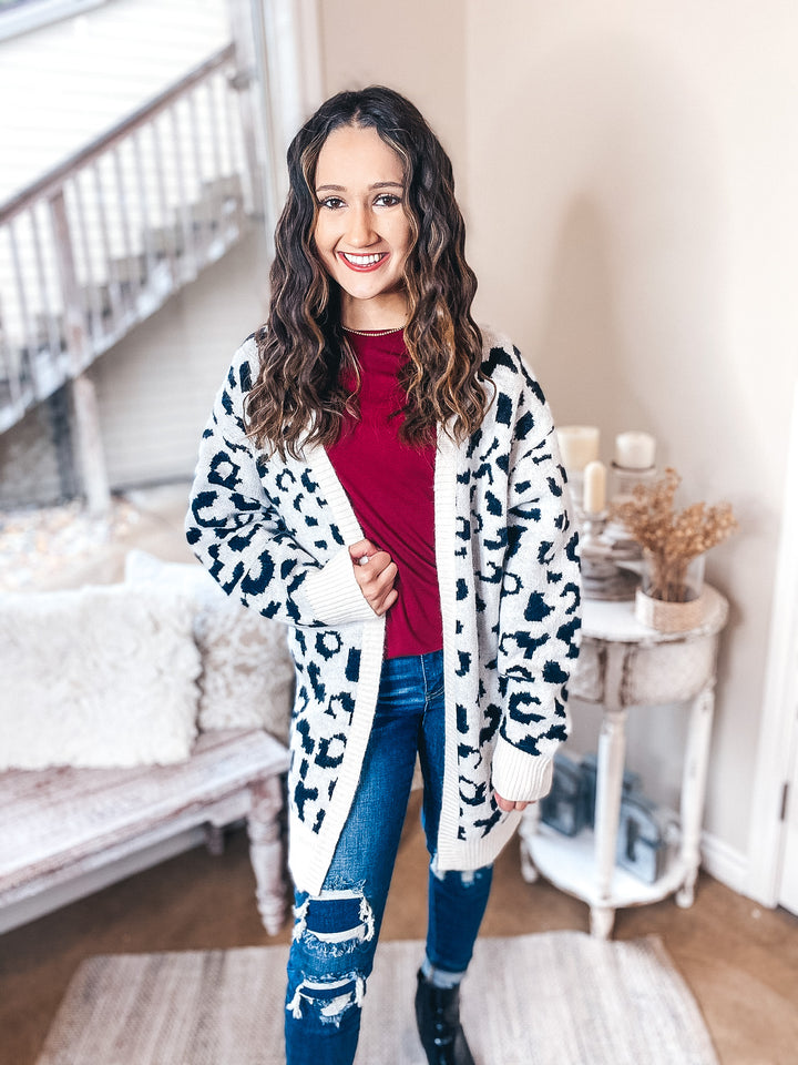 Missing You Black Leopard Long Sleeve Open Front Cardigan in Ivory - Giddy Up Glamour Boutique