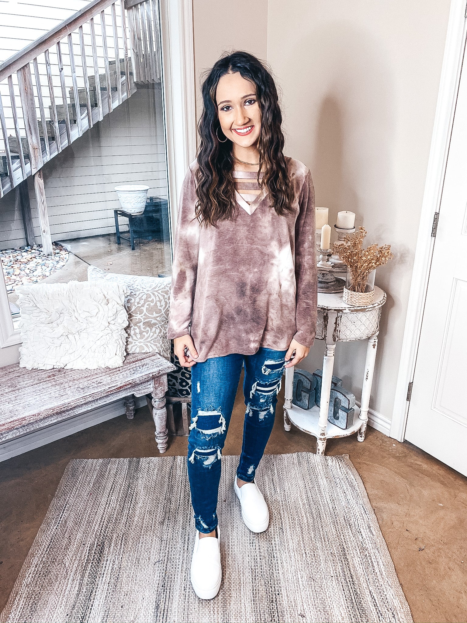 Last Chance Size S, M, & L | Outside The Lines Tie Dye Caged Neck Long Sleeve Top in Mocha Brown - Giddy Up Glamour Boutique
