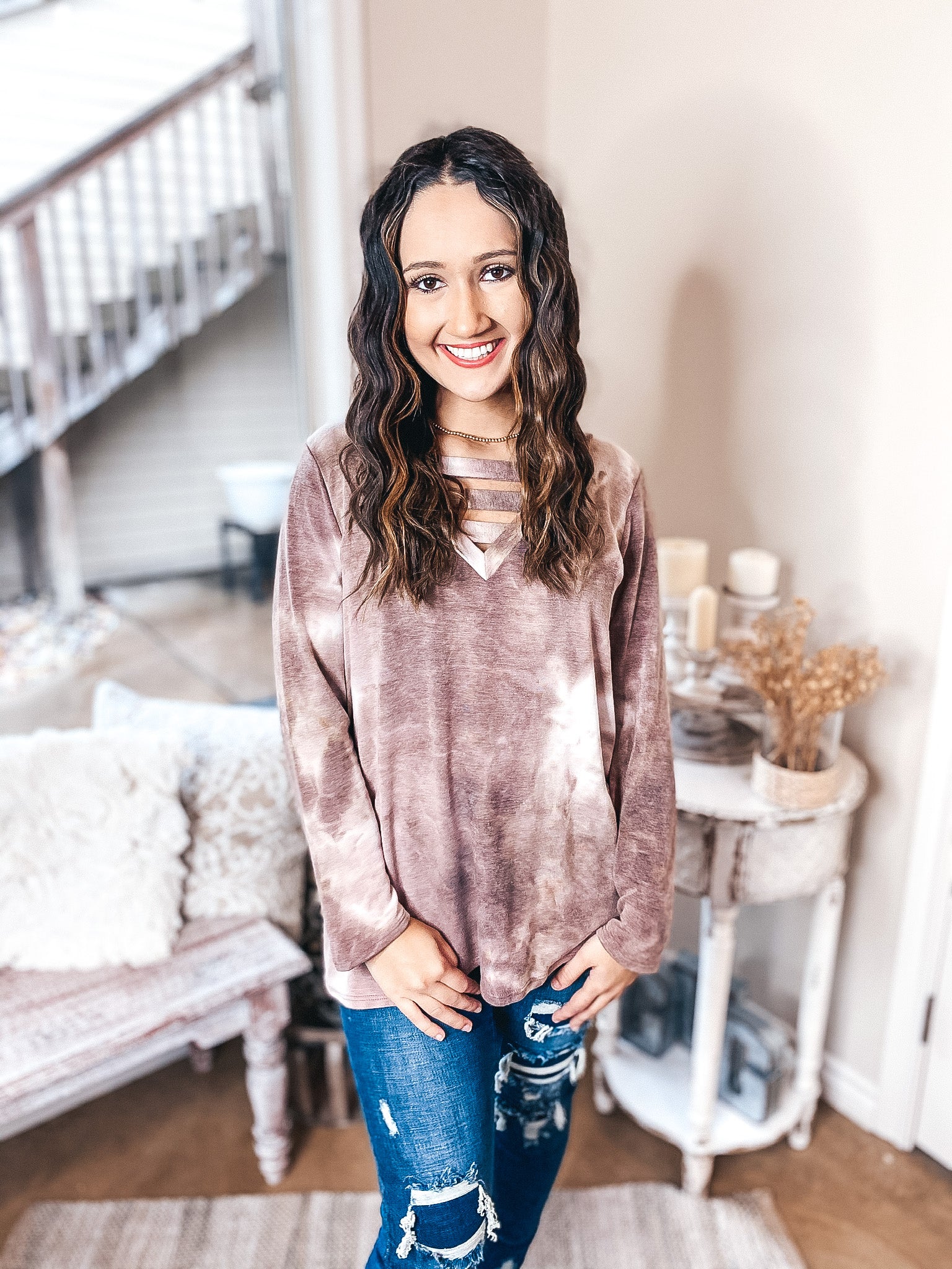 Last Chance Size S, M, & L | Outside The Lines Tie Dye Caged Neck Long Sleeve Top in Mocha Brown - Giddy Up Glamour Boutique