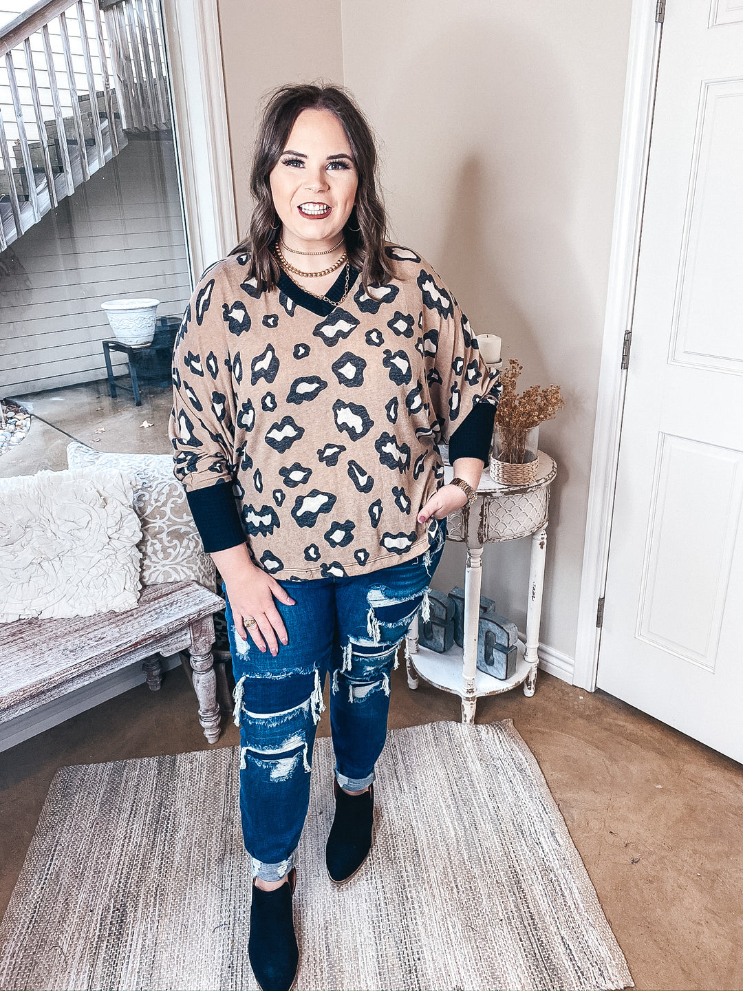 Wild In Love Waffle Knit Trim  Leopard Dolman Top in Mocha Brown - Giddy Up Glamour Boutique