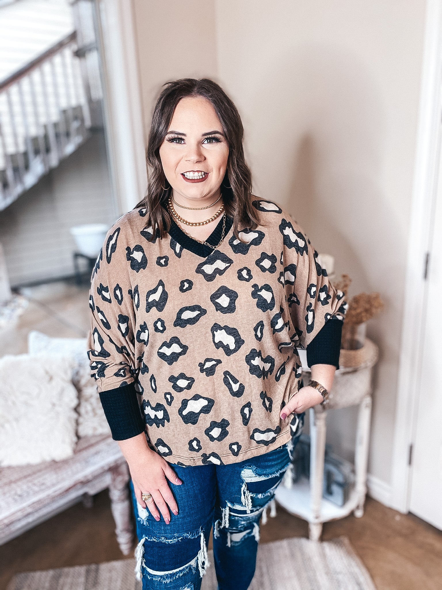 Wild In Love Waffle Knit Trim  Leopard Dolman Top in Mocha Brown - Giddy Up Glamour Boutique