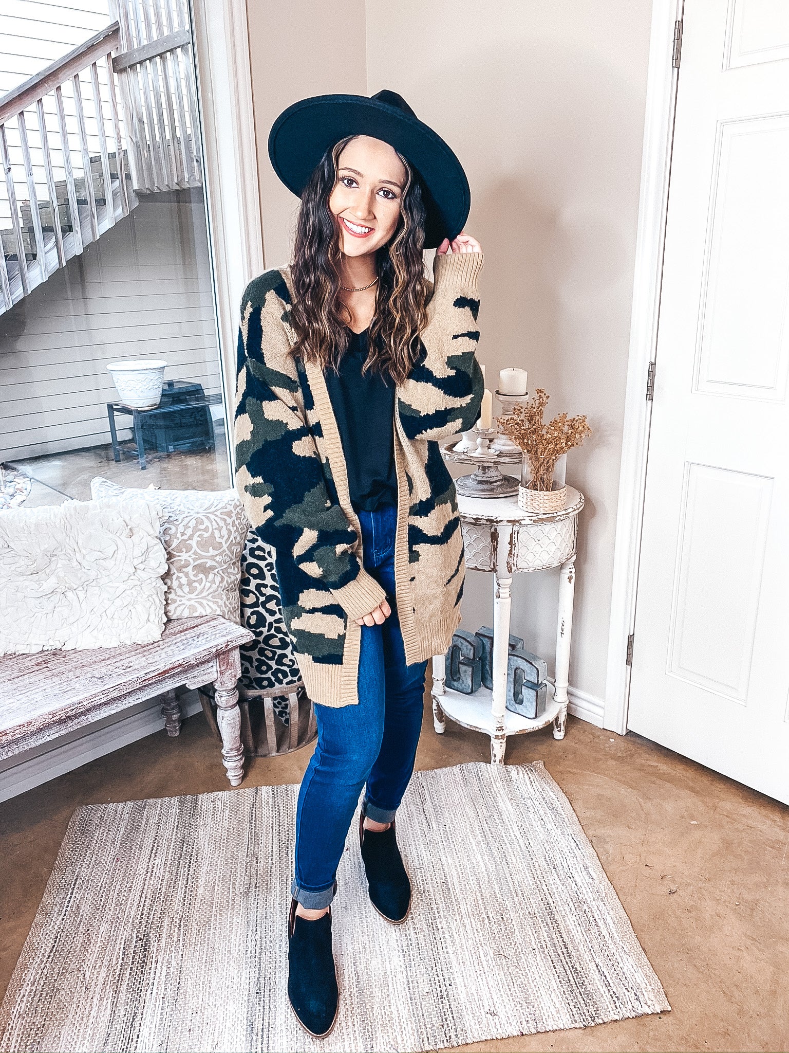 Missing You Camouflage Long Sleeve Open Front Cardigan in Olive Green