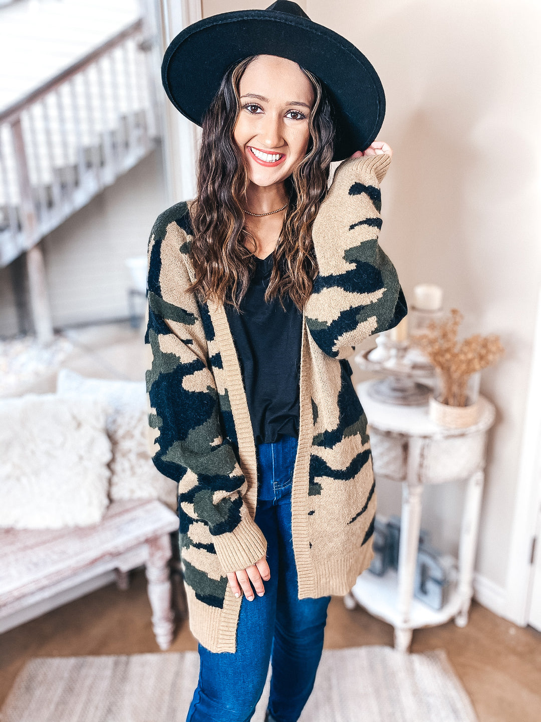 Missing You Camouflage Long Sleeve Open Front Cardigan in Olive Green - Giddy Up Glamour Boutique