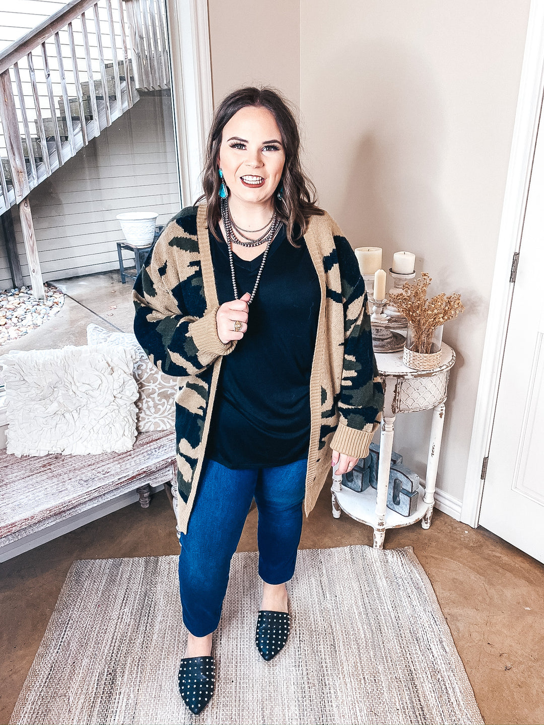 Missing You Camouflage Long Sleeve Open Front Cardigan in Olive Green - Giddy Up Glamour Boutique