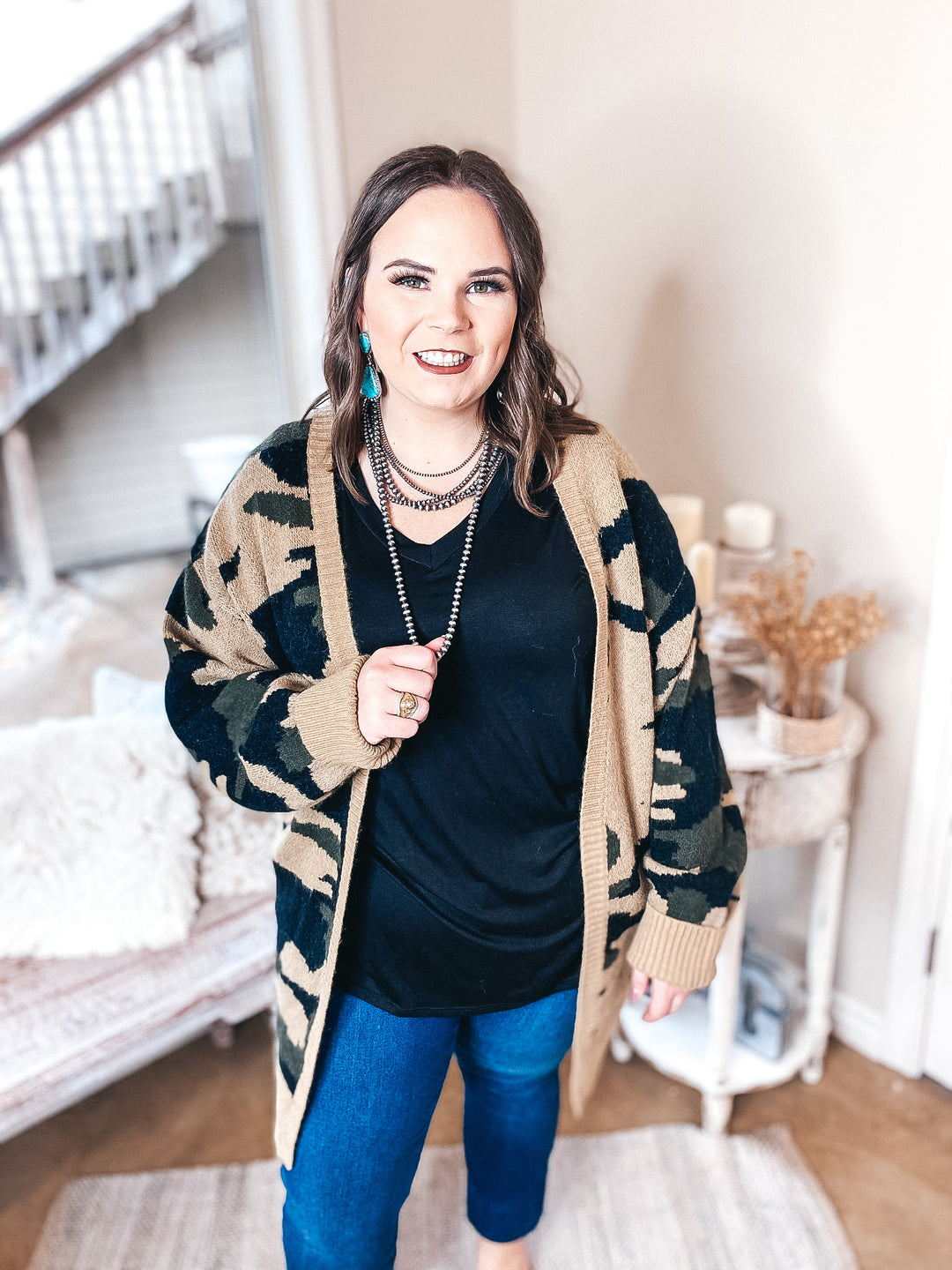 Missing You Camouflage Long Sleeve Open Front Cardigan in Olive Green - Giddy Up Glamour Boutique